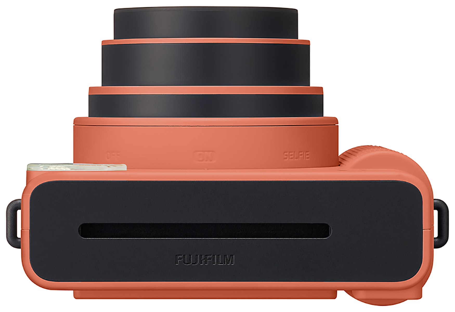 Coral-colored Fujifilm instax mini LiPlay camera, top view, with black accents.