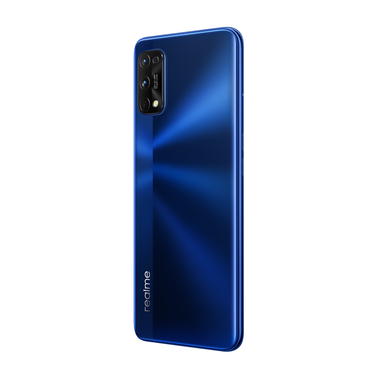Parte trasera de un smartphone azul que muestra el módulo de la cámara y el logotipo de Realme.