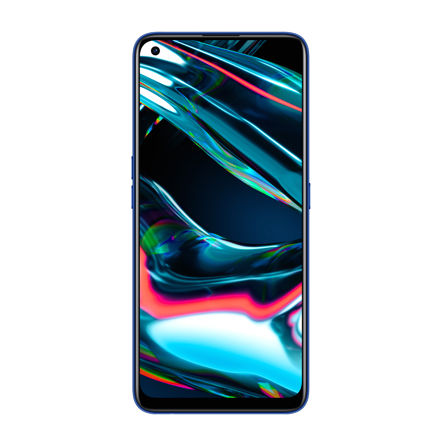Smartphone azul sobre fondo blanco. La pantalla muestra una imagen abstracta colorida.