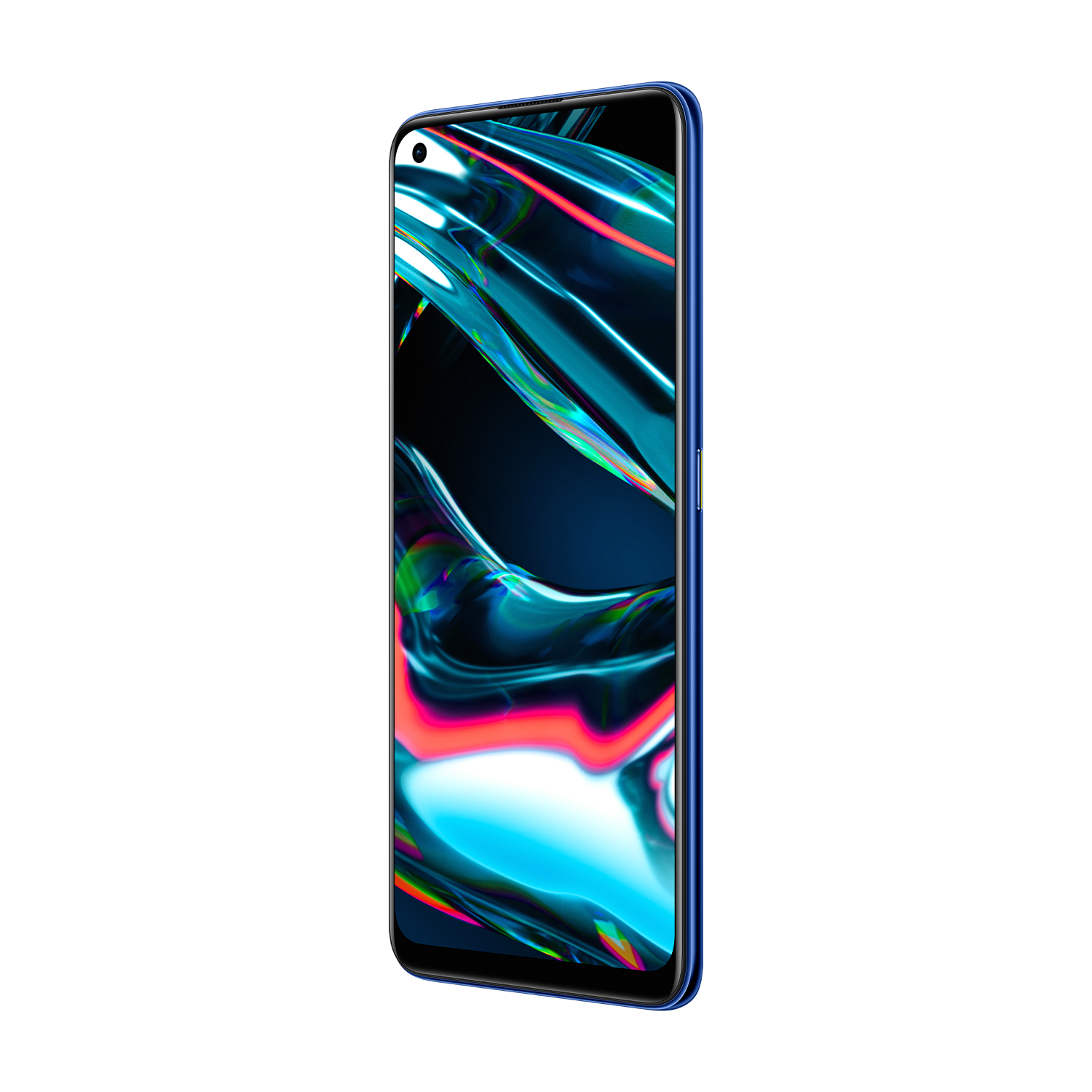 Teléfono azul con una pantalla que muestra un diseño abstracto colorido. El teléfono está sobre un fondo blanco.