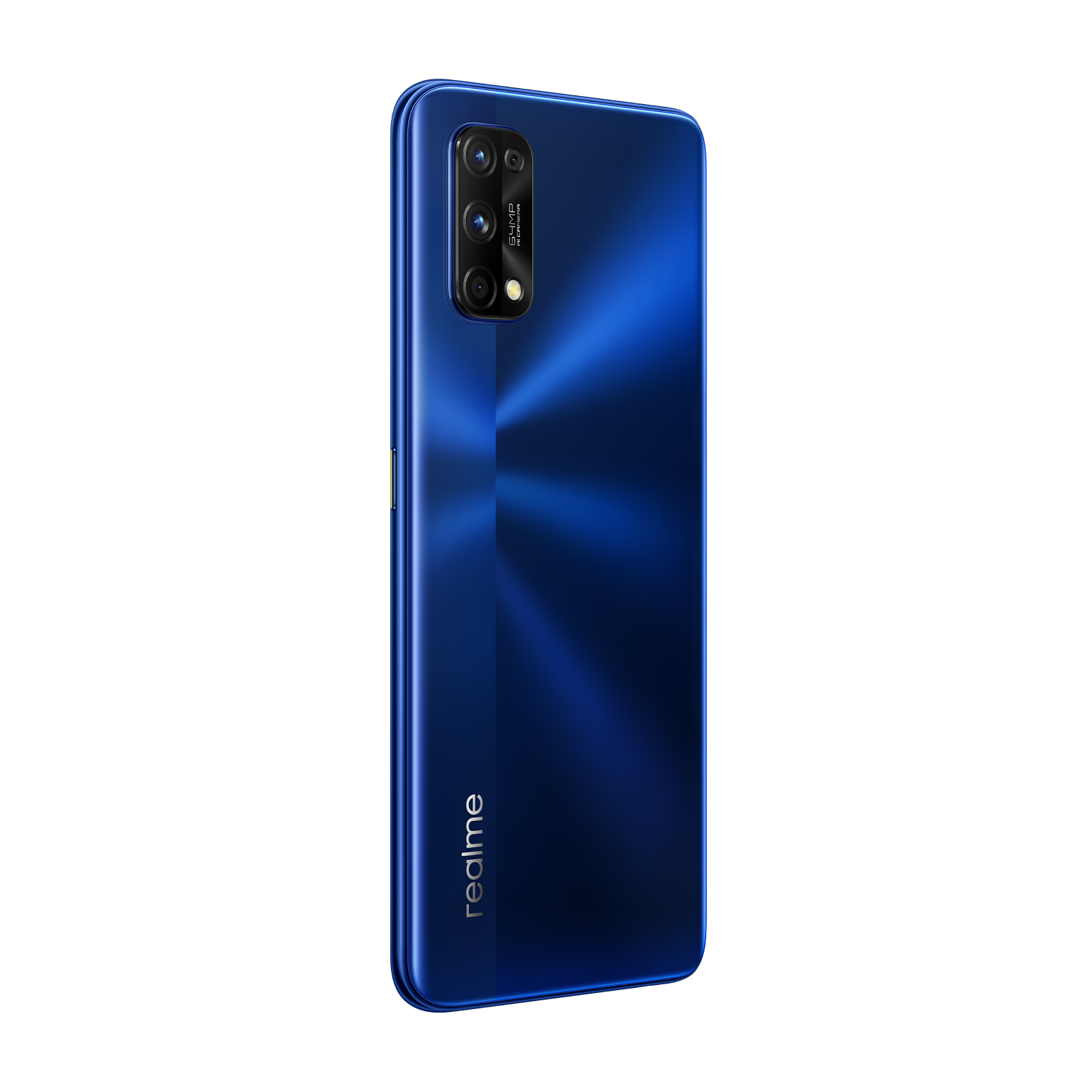 Un teléfono inteligente azul con configuración de triple cámara.