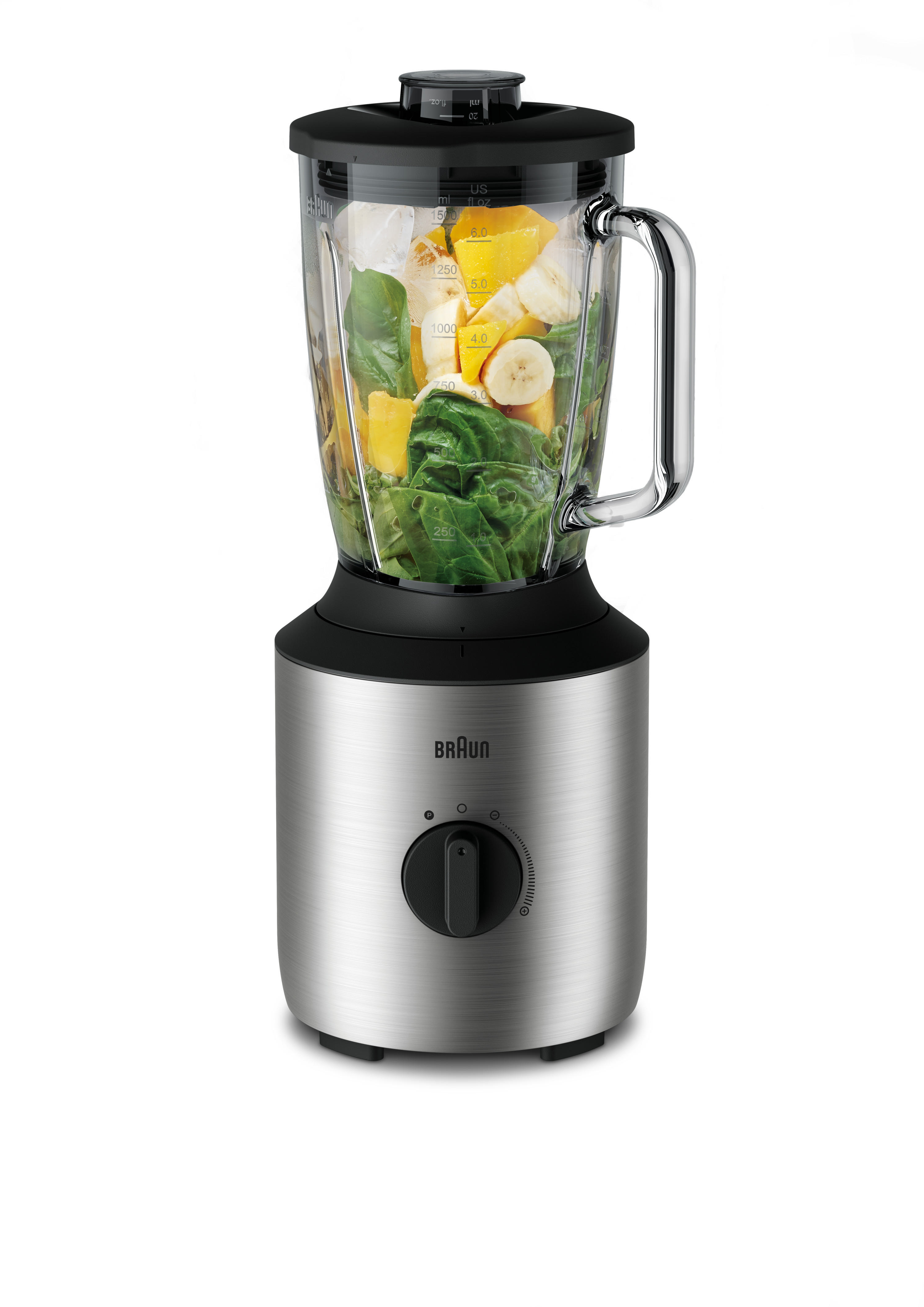 Braun-Mixer mit silberfarbener Basis, Glasbehälter mit Früchten und Grünem.