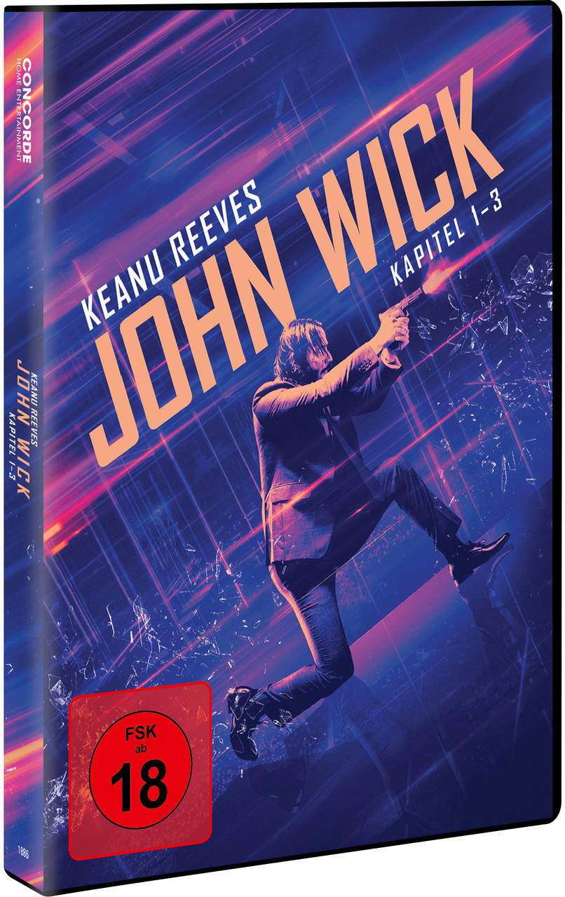 DVD-Hülle von 'John Wick' mit Keanu Reeves. Das Cover zeigt einen Mann, der eine Waffe zielt, mit lebendigen Farben.