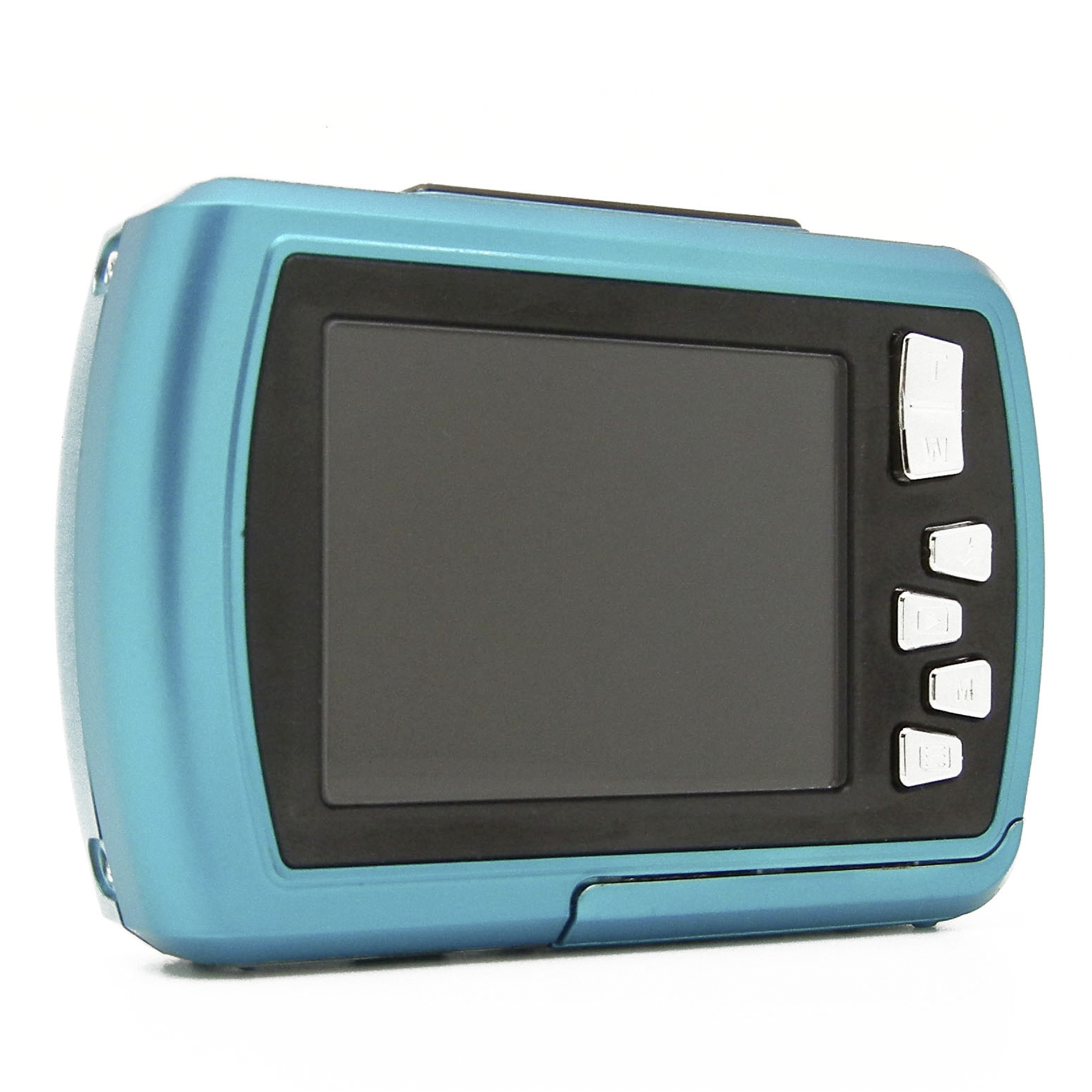 Eine blaue Digitalkamera mit Bildschirm und Knöpfen.