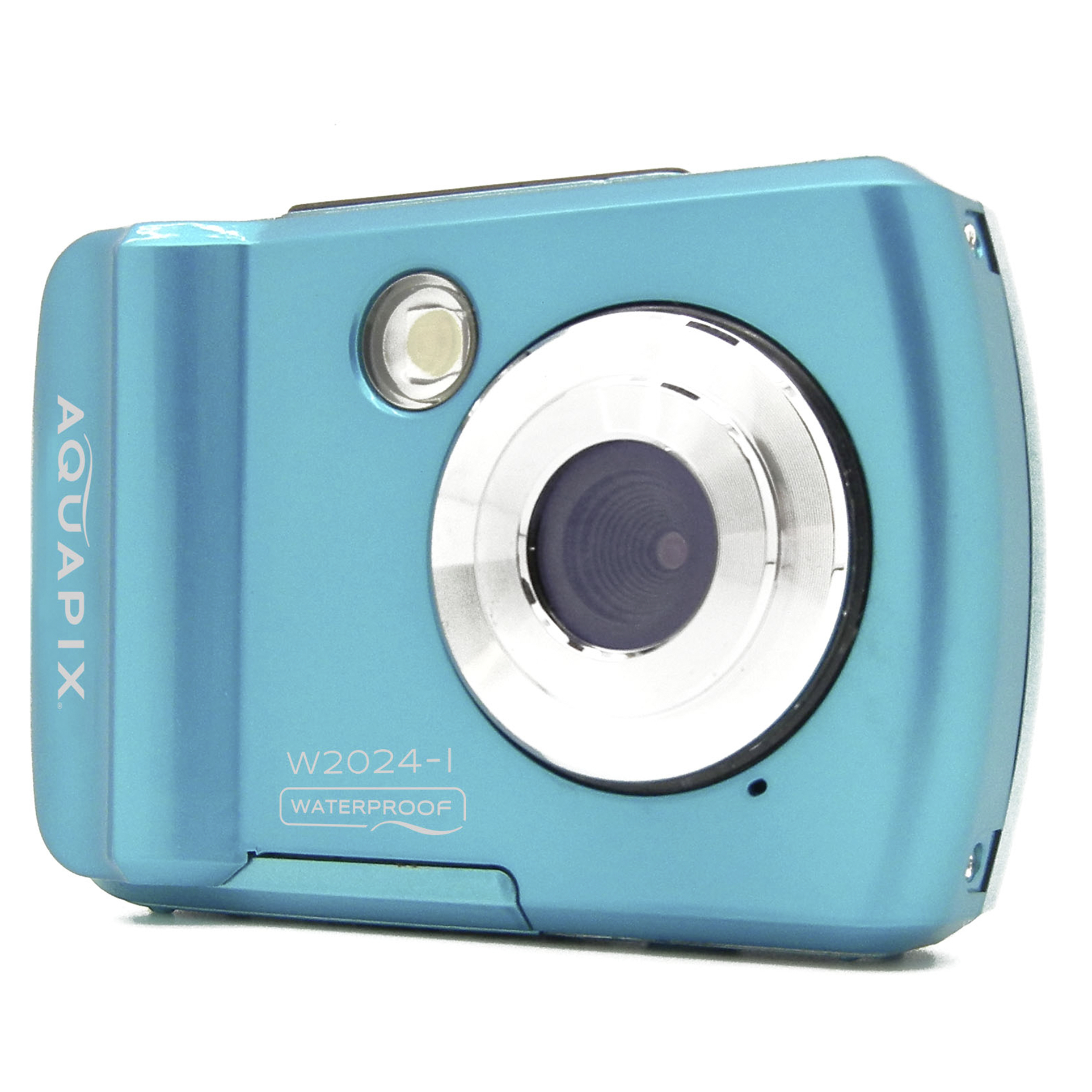 Blaue AQUAPIX W2024-I wasserdichte Kamera mit silbernem Objektiv und Blitz.