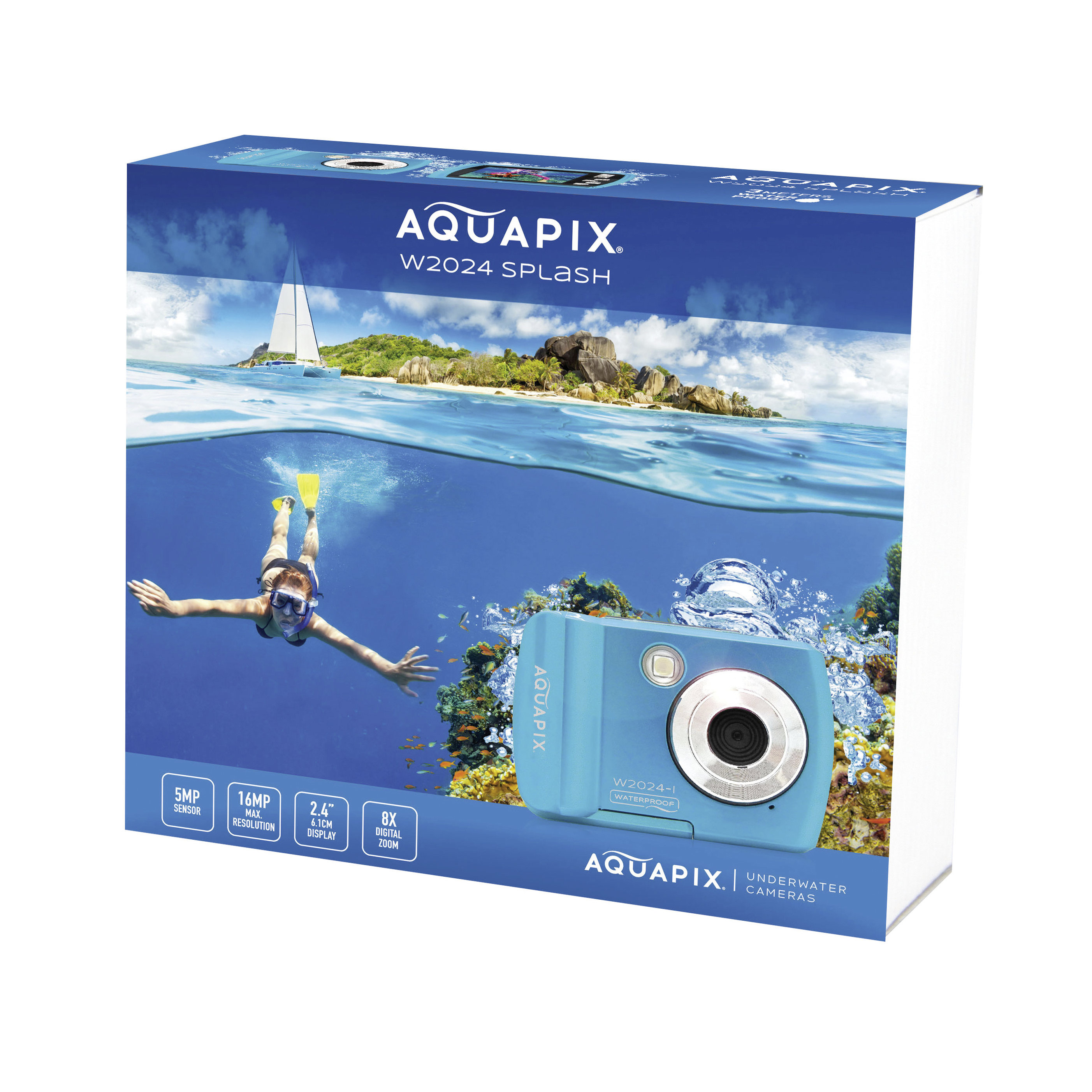 Aquapix W2024 Splash Unterwasserkamera in einer Box, Person unter Wasser.