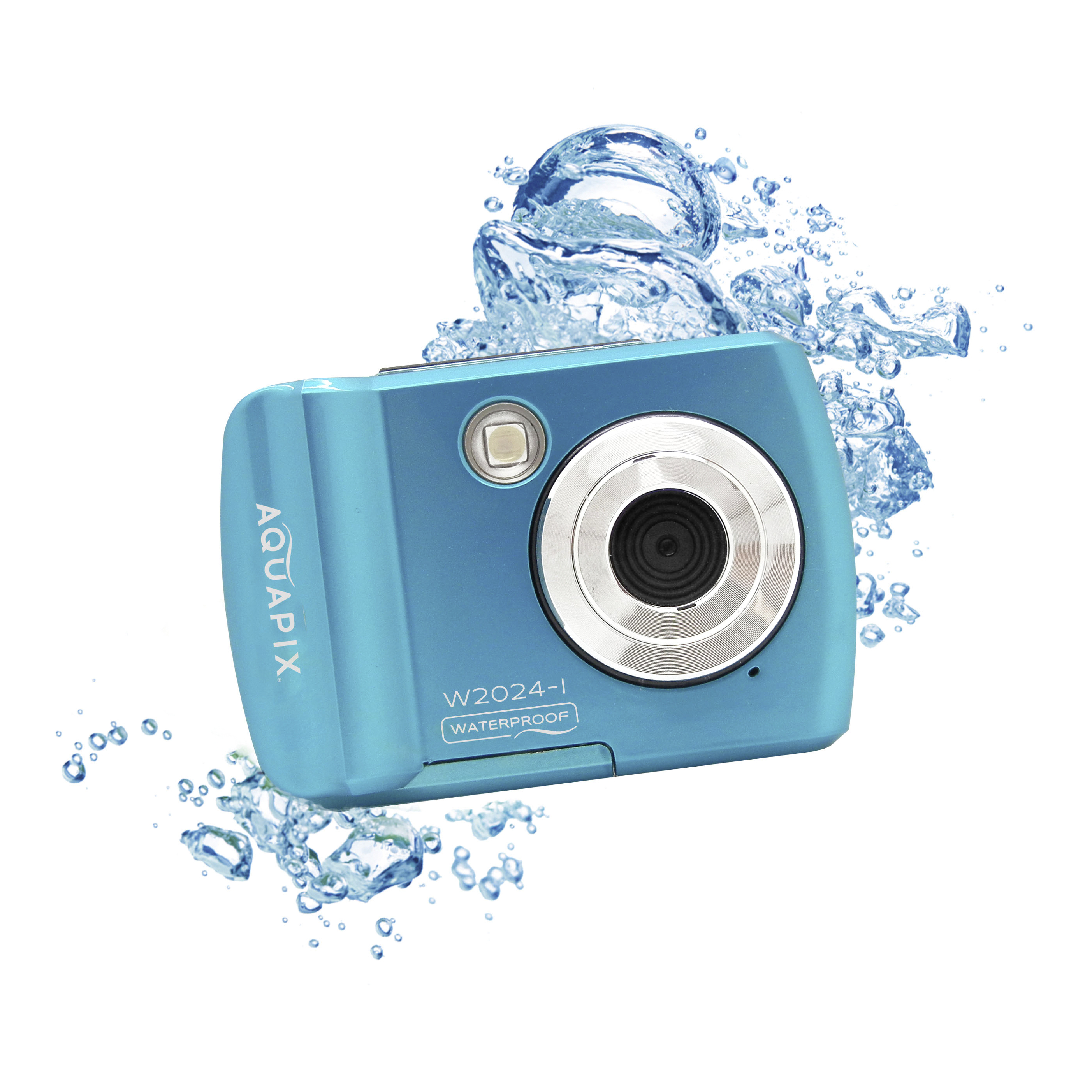 Blaue wasserdichte Kamera mit Wasserspritzer-Effekt vor weißem Hintergrund.