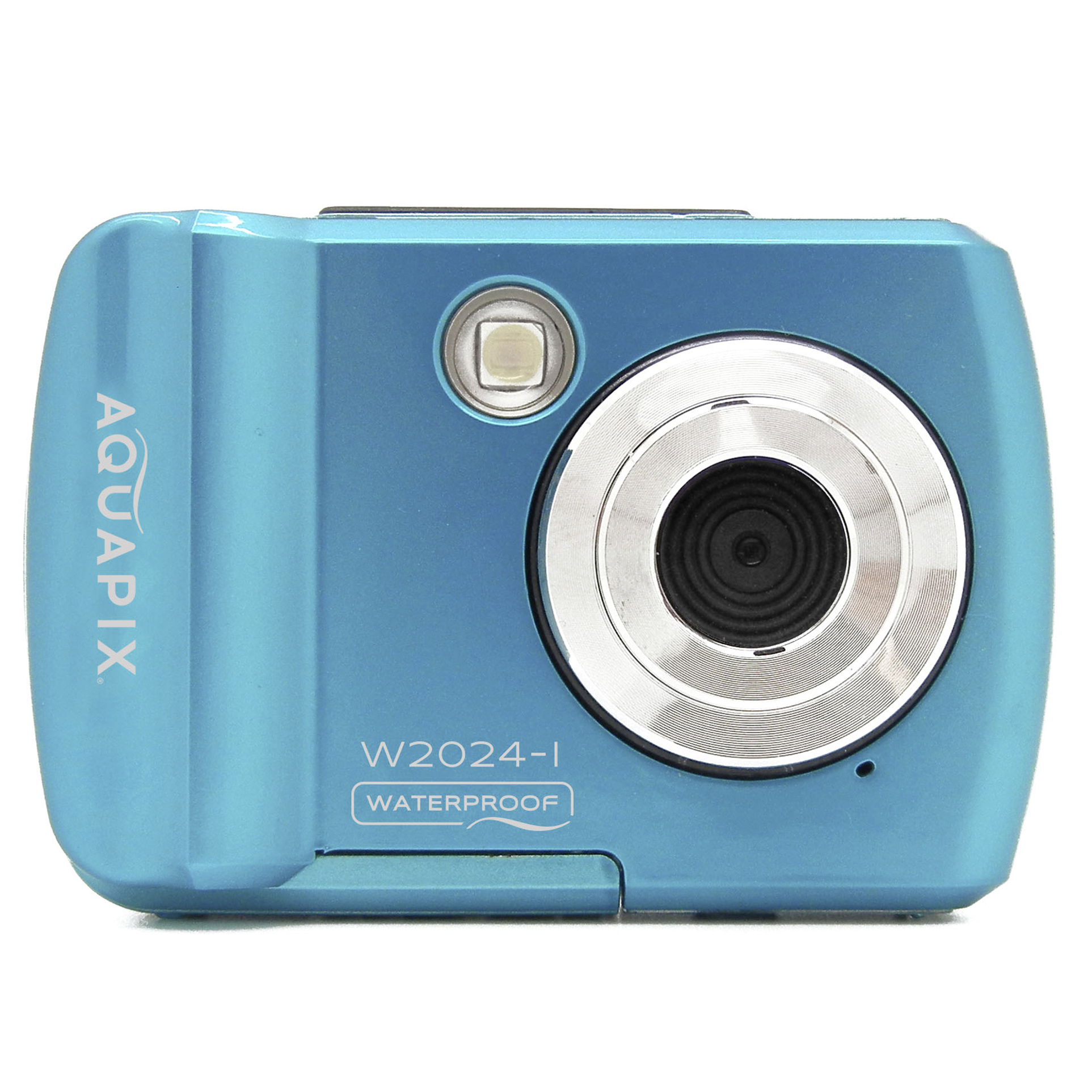 Blaue Aquapix wasserdichte Kamera, Vorderansicht. Objektiv und Knöpfe sichtbar.