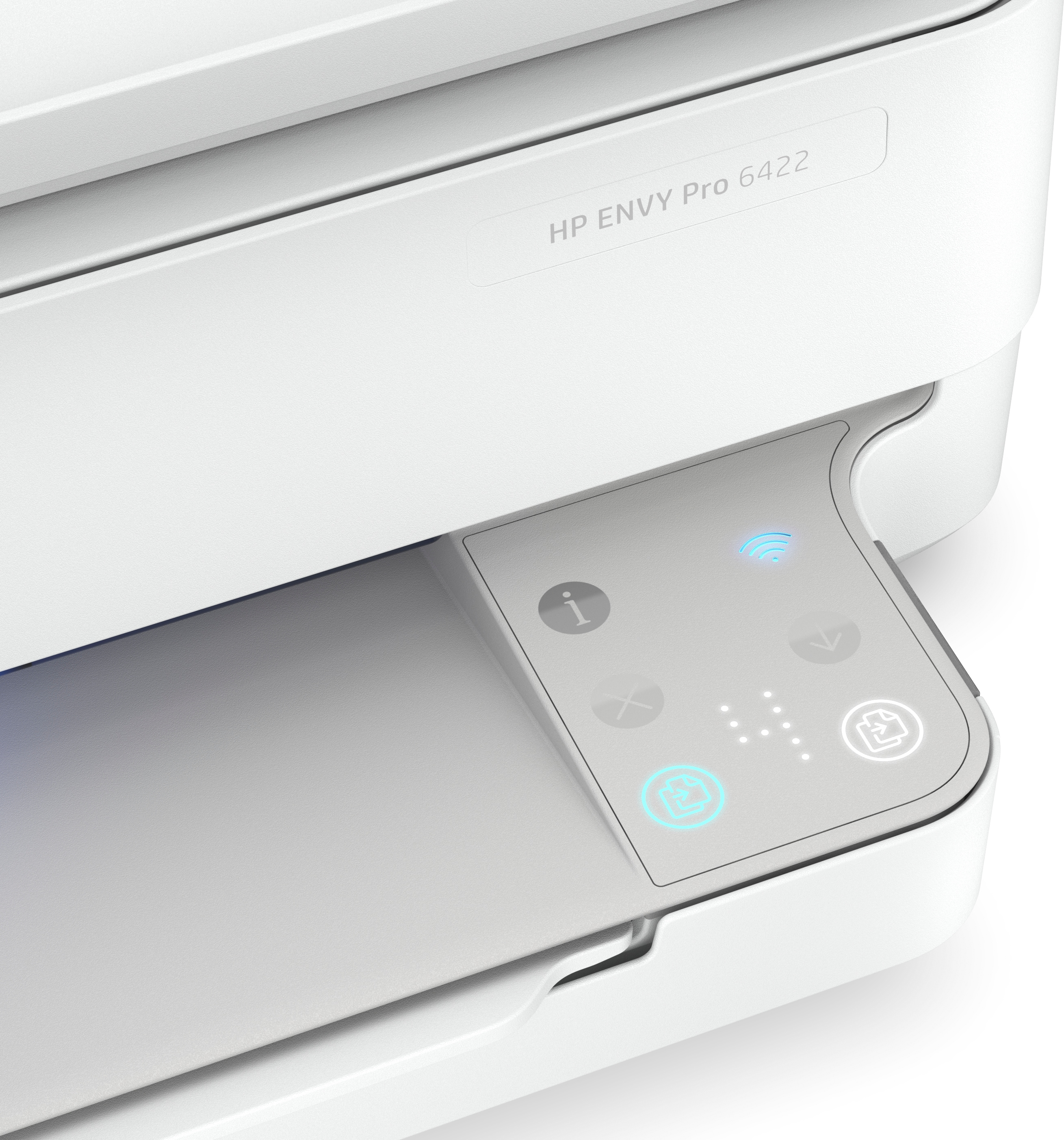 Panel de control de la impresora HP ENVY Pro 6422. Incluye wifi, indicadores de estado y botón de encendido.