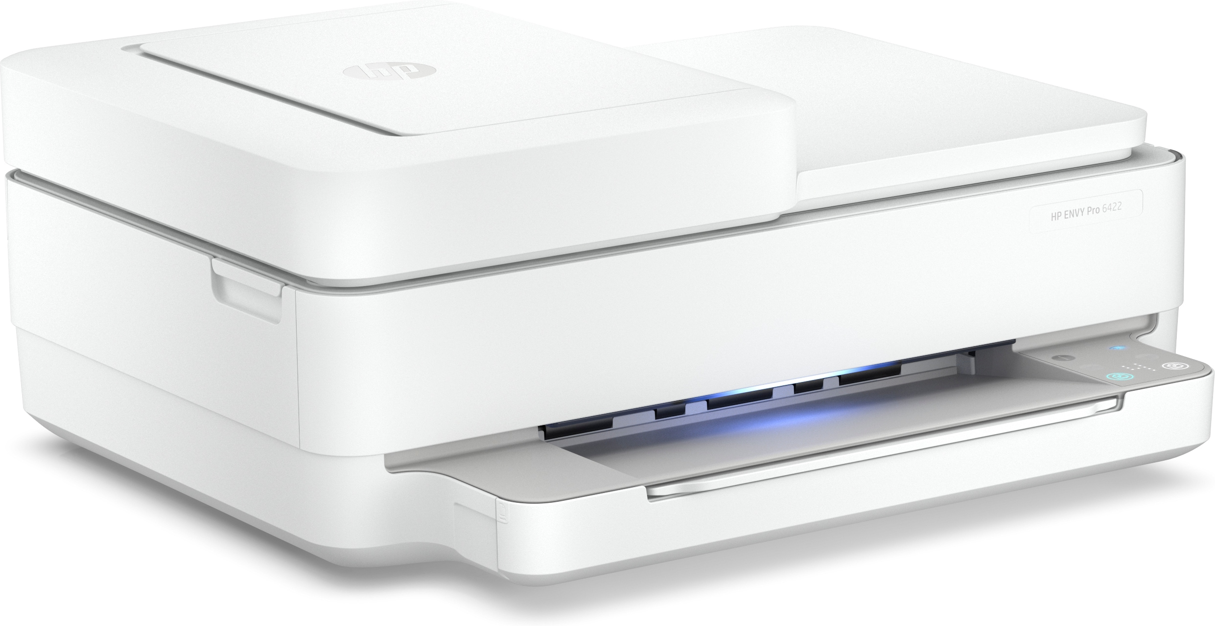 Impresora HP Envy Pro 6422 blanca con escáner plano en la parte superior.