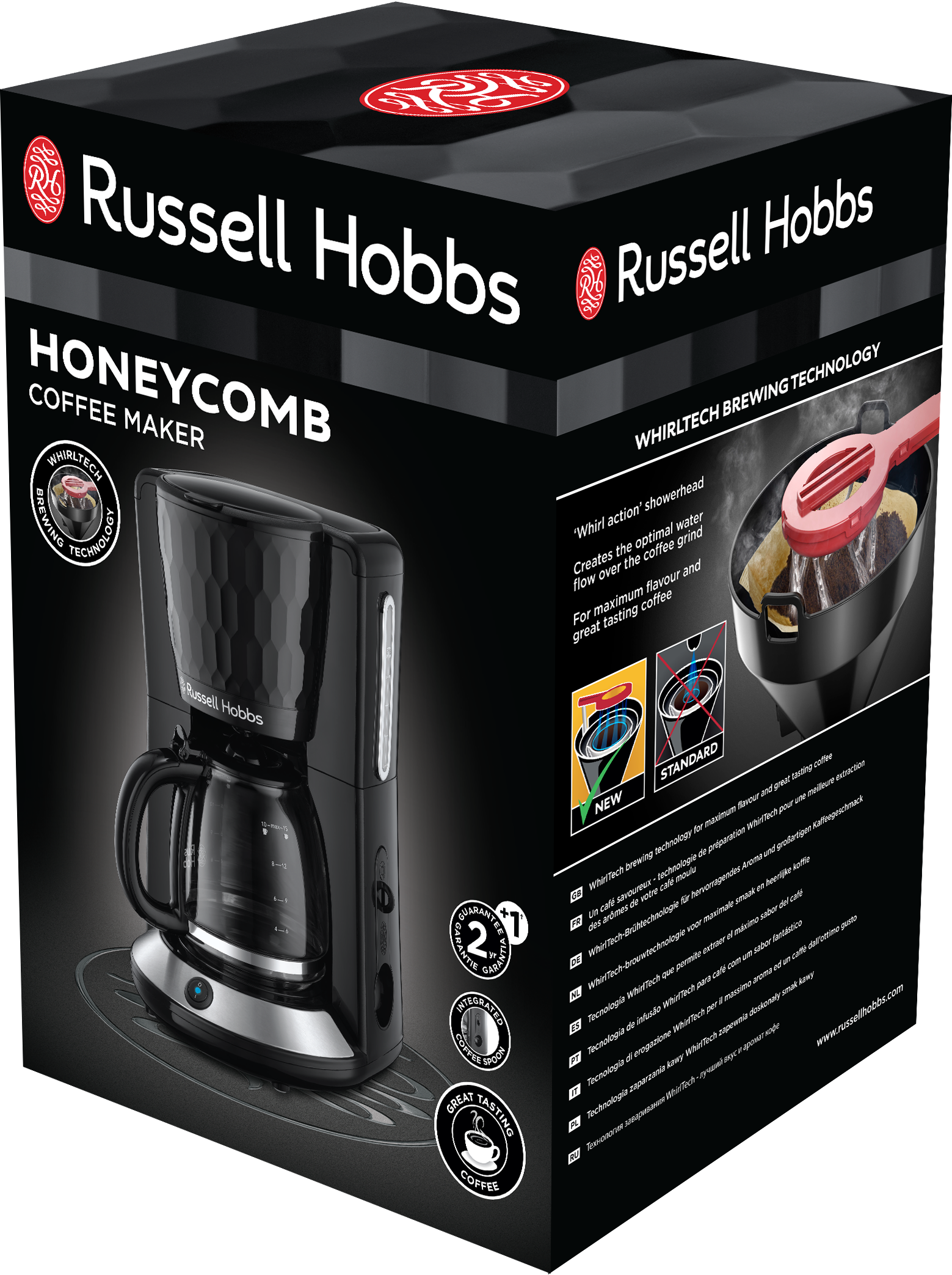 Dobozos Russell Hobbs kávéfőző, fekete. Az elején a kávéfőző és a márkanév látható.