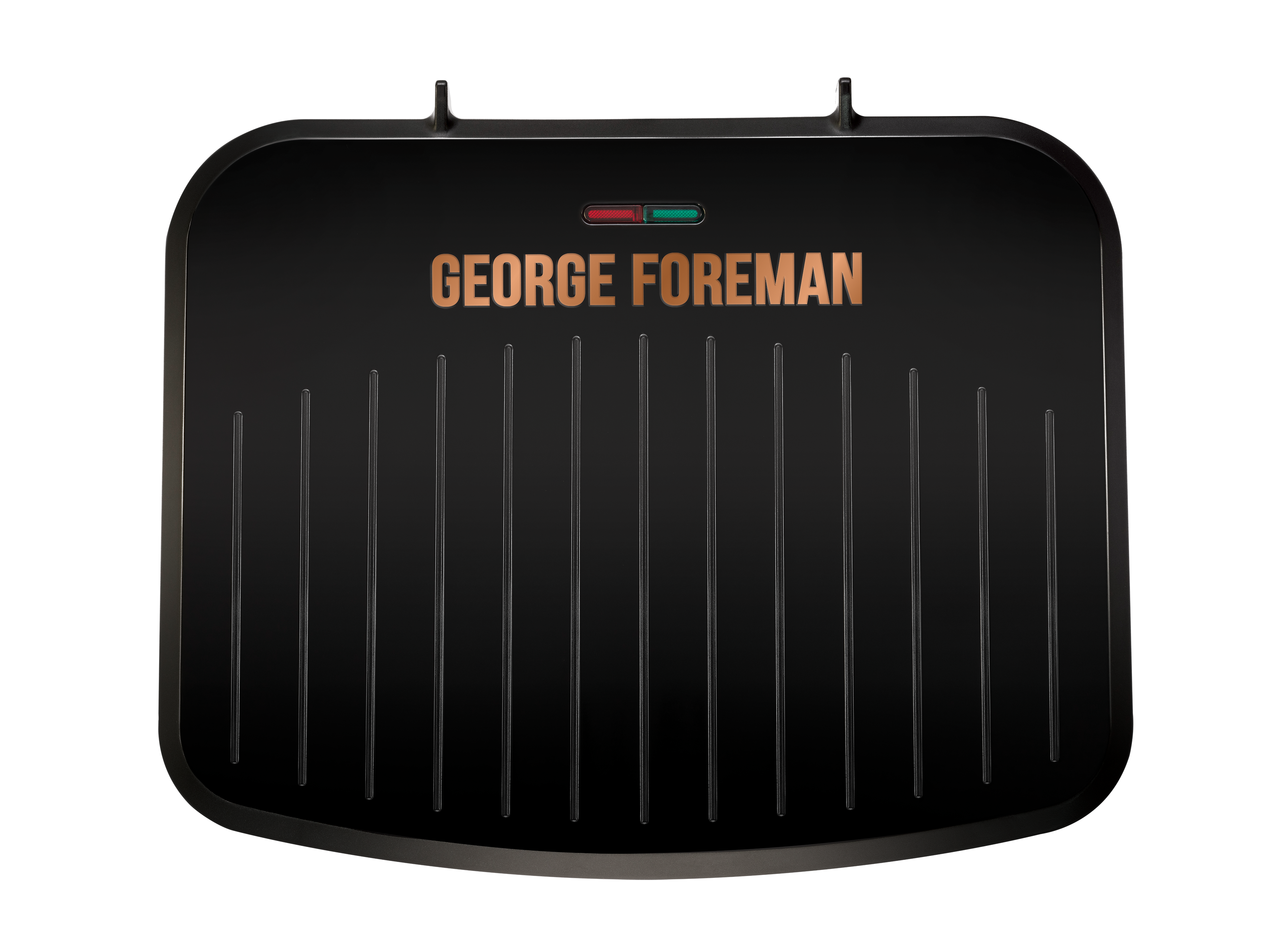Fekete George Foreman grill, piros és zöld jelzőfényekkel.