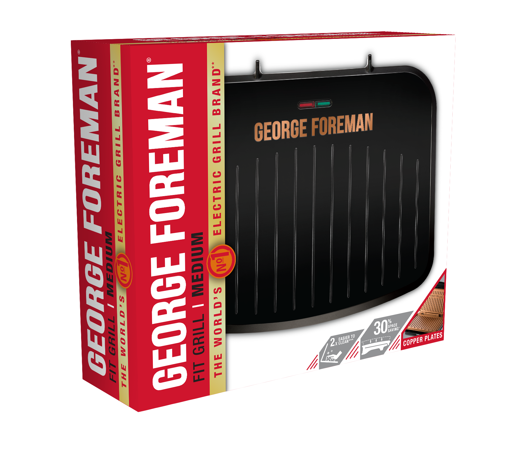 George Foreman grills doboz. Fekete grill látható, piros-fehér márka a dobozon, rézlemezekkel hirdetve.