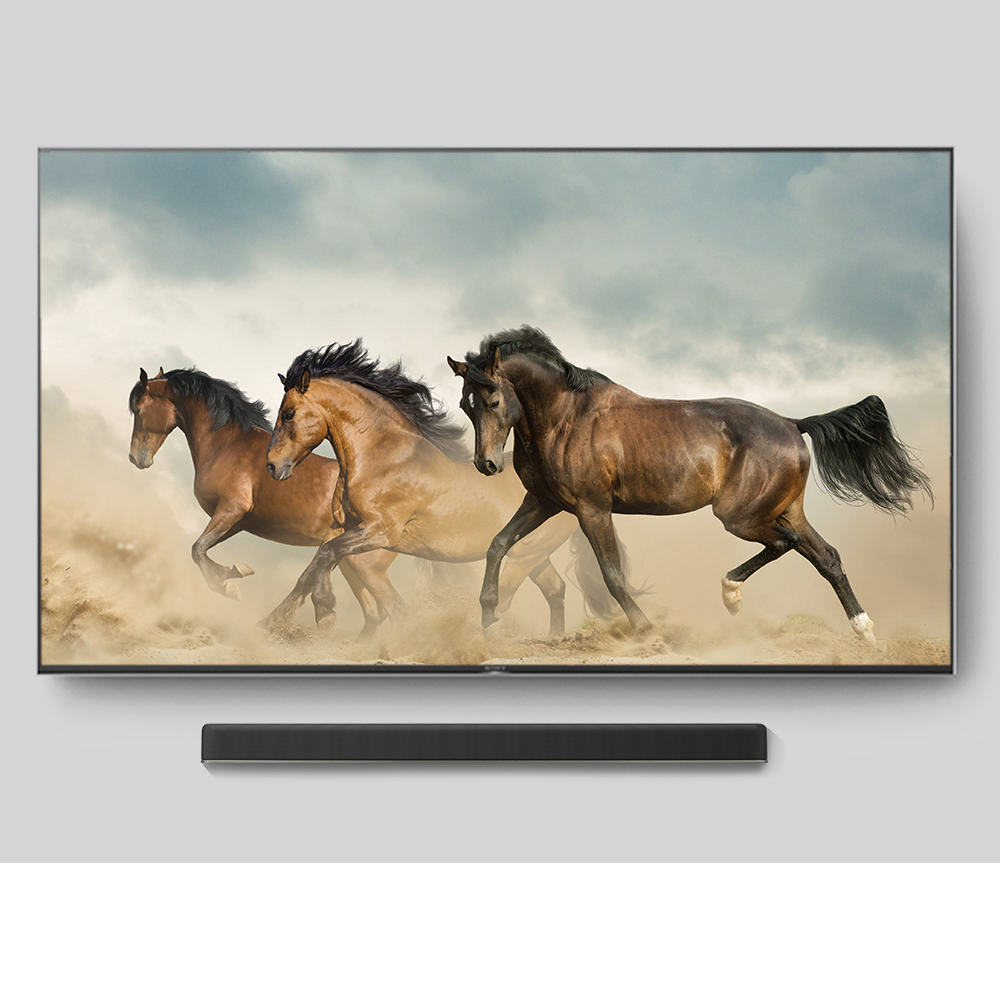 Drei Pferde rennen auf einem Fernsehbildschirm. Soundbar unter dem Bildschirm.