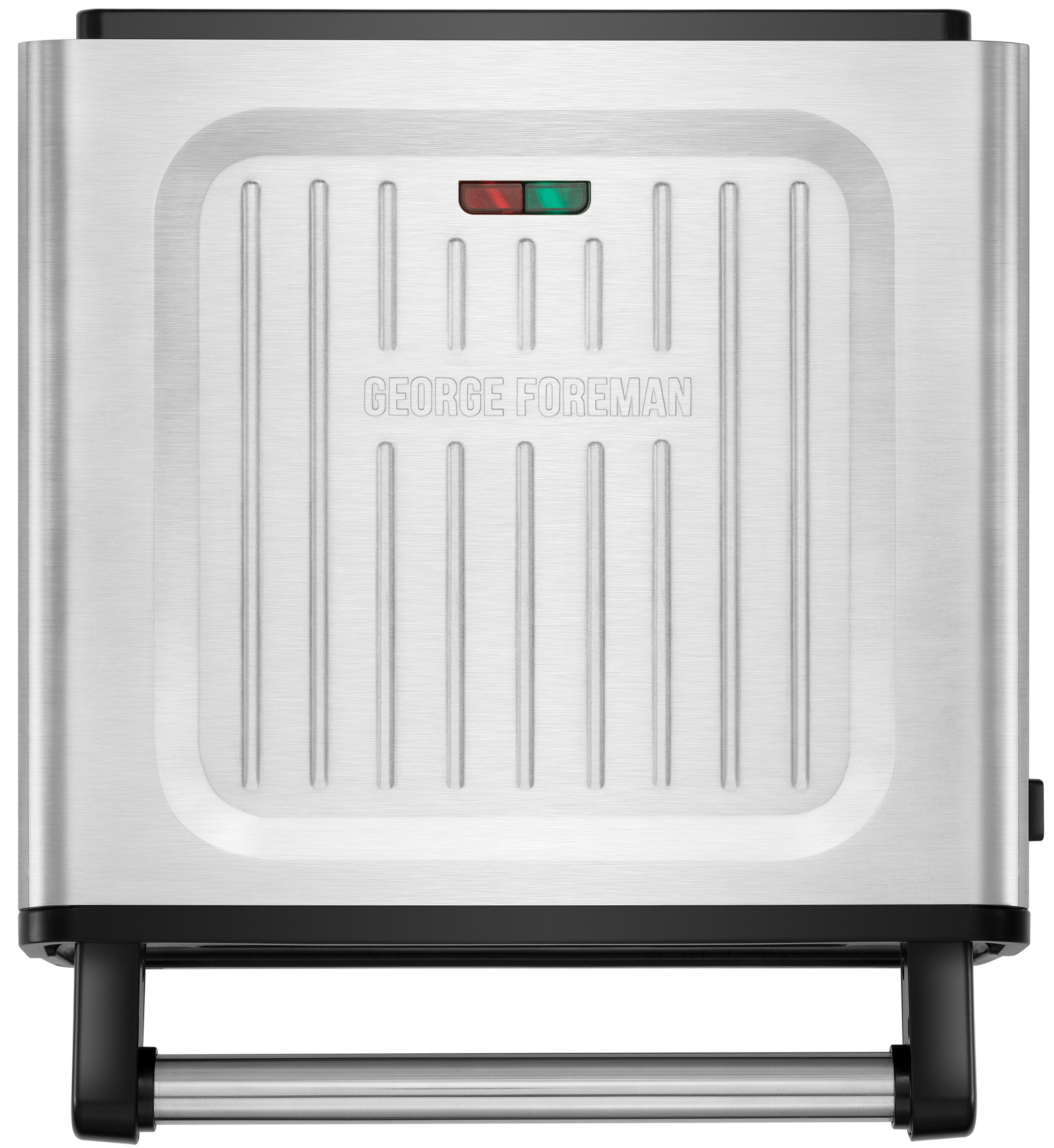 Ezüst George Foreman grill. Piros/zöld lámpák és fekete elemek az alapon. Függőleges vonalak a tetején.
