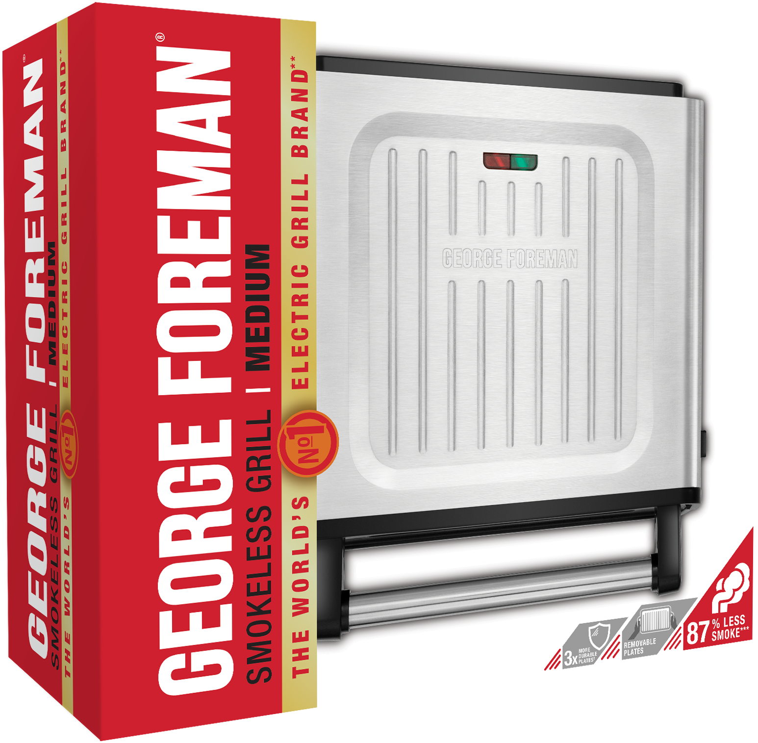 George Foreman elektromos grill doboz, piros és fehér, szögletes nézet.