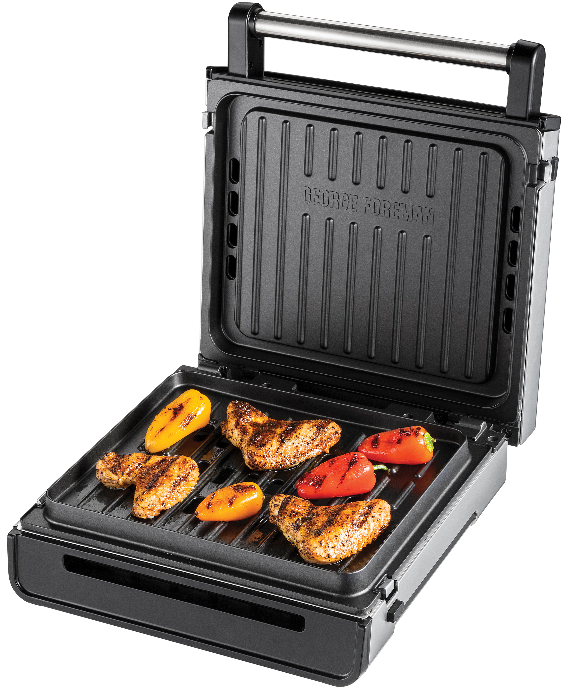 George Foreman grill csirkével és színes paprikával, fekete háttér előtt.