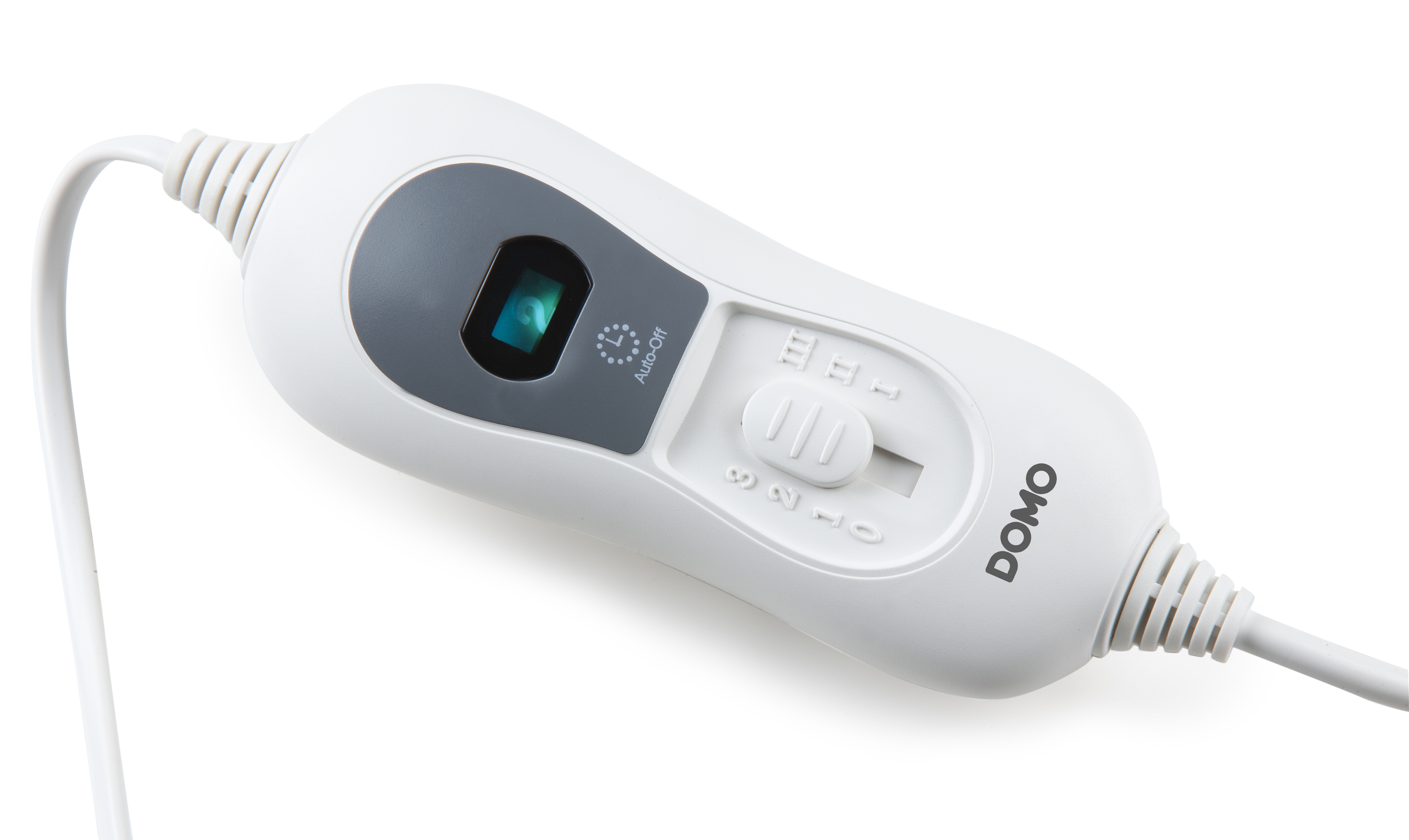 White heating pad controller with a dial and buttons. The word 'DOMO' is visible.