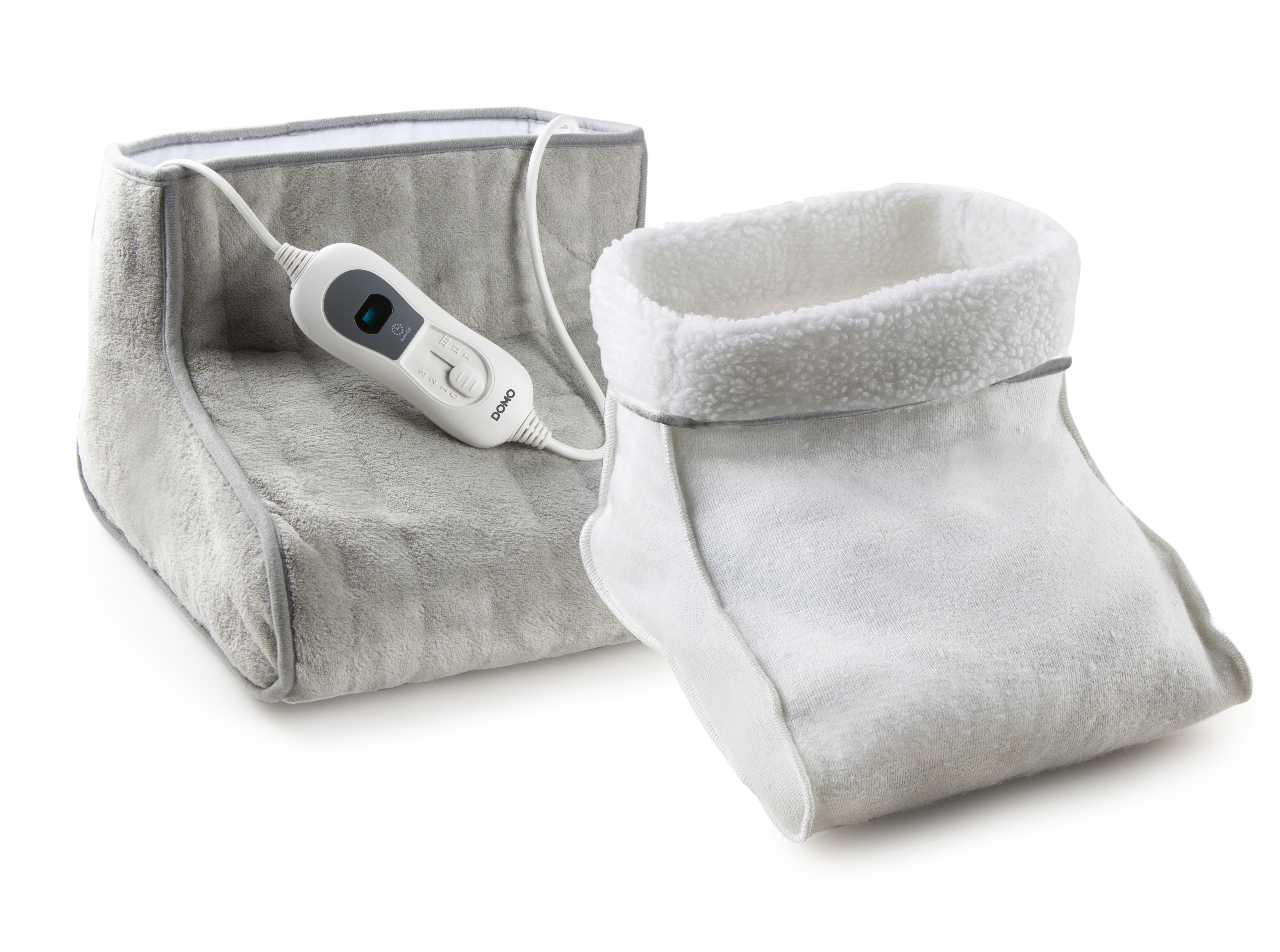 Two gray and white heated foot warmers, one inside another, with a power cord.