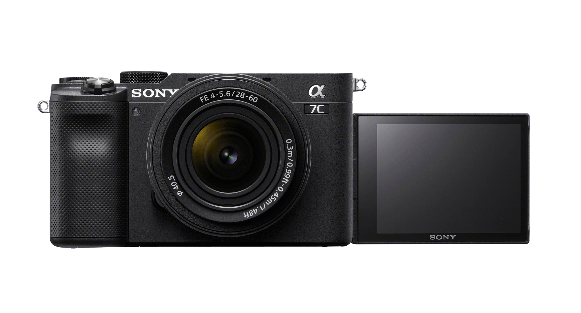 Black Sony Alpha 7C camera with a screen turned out.