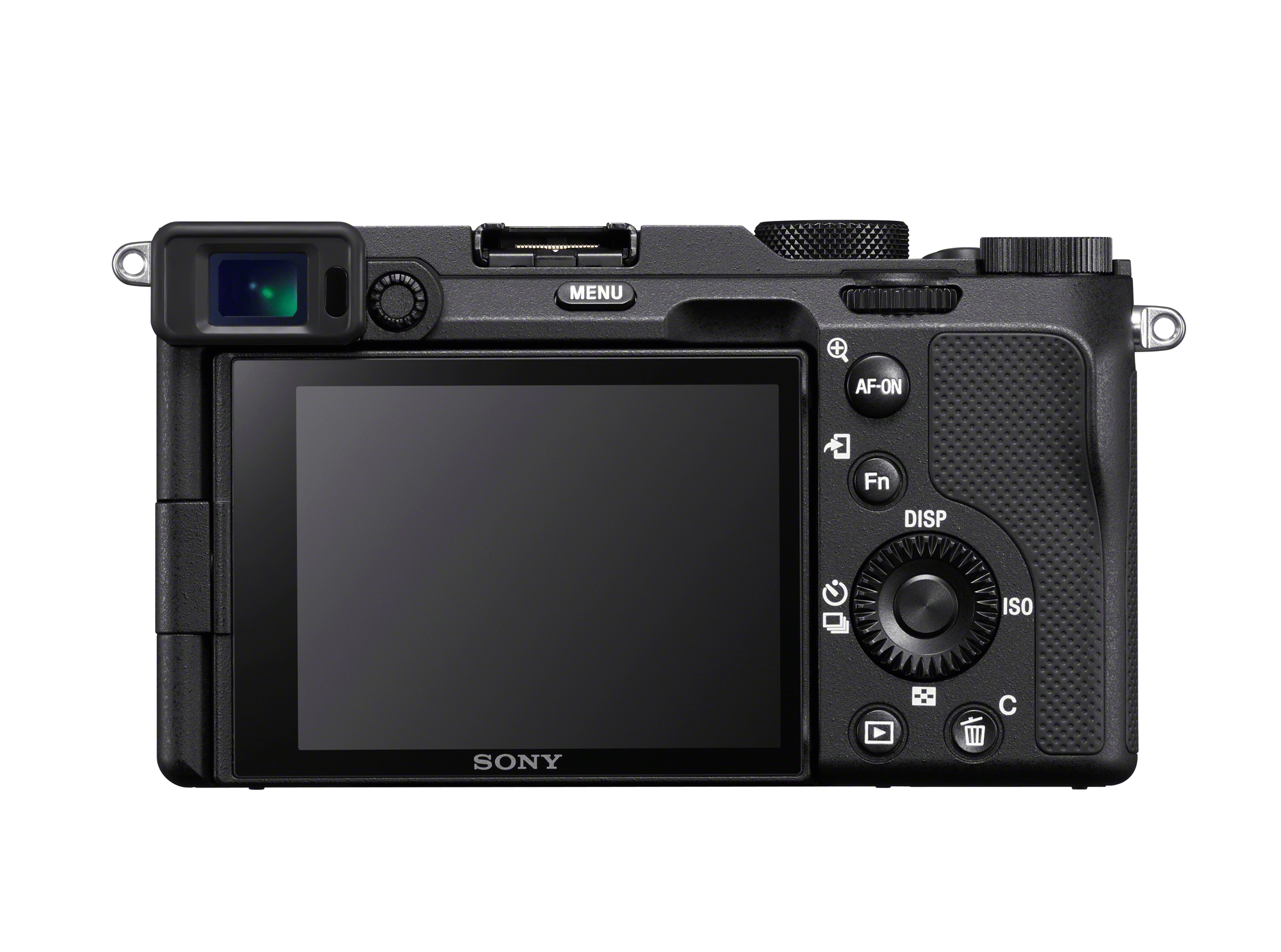 Back of a black Sony camera. Screen is on, buttons and controls are visible on the body.