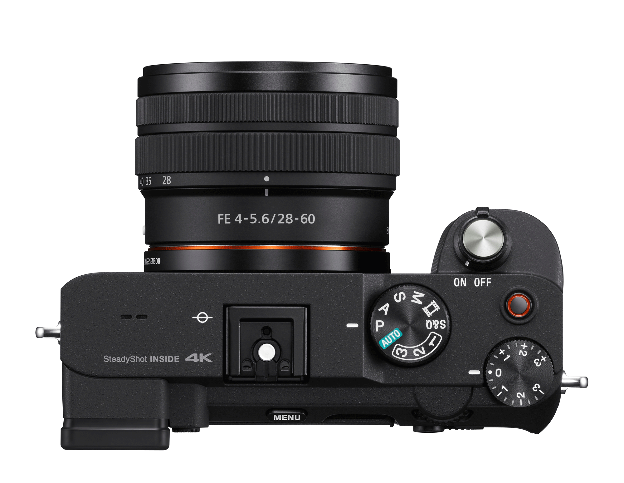 Top view of a black camera with lens and control dials, white background.