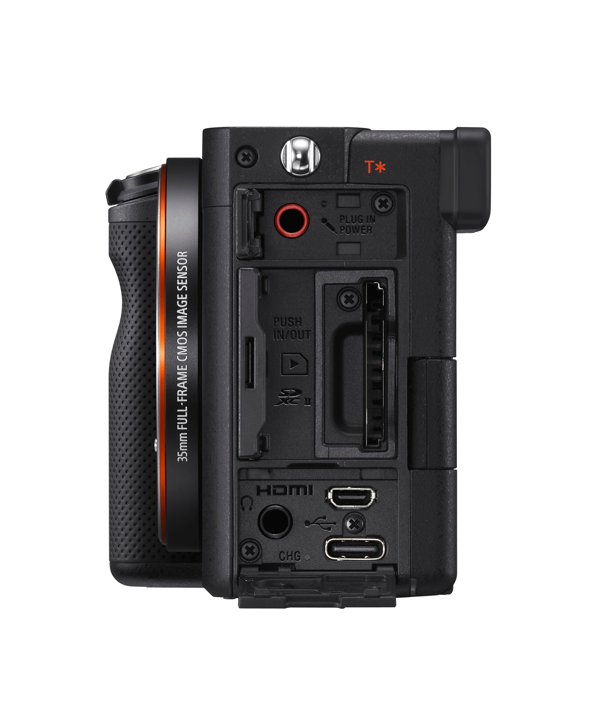 Side view of a black camera with a lens, various ports, and a sensor description.