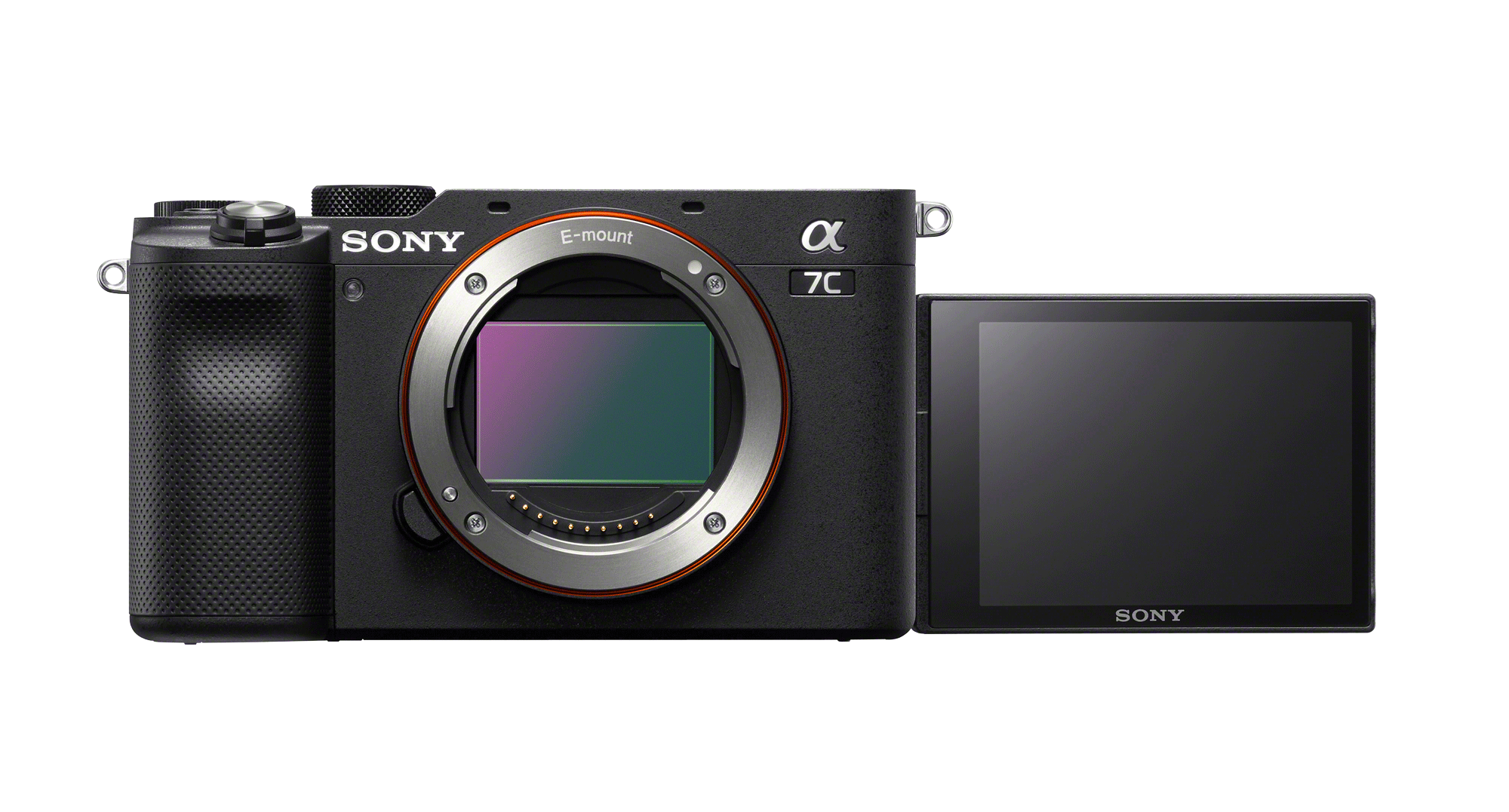 Een zwarte Sony camera met een open scherm. Het heeft een lens en een zilveren E-mount.
