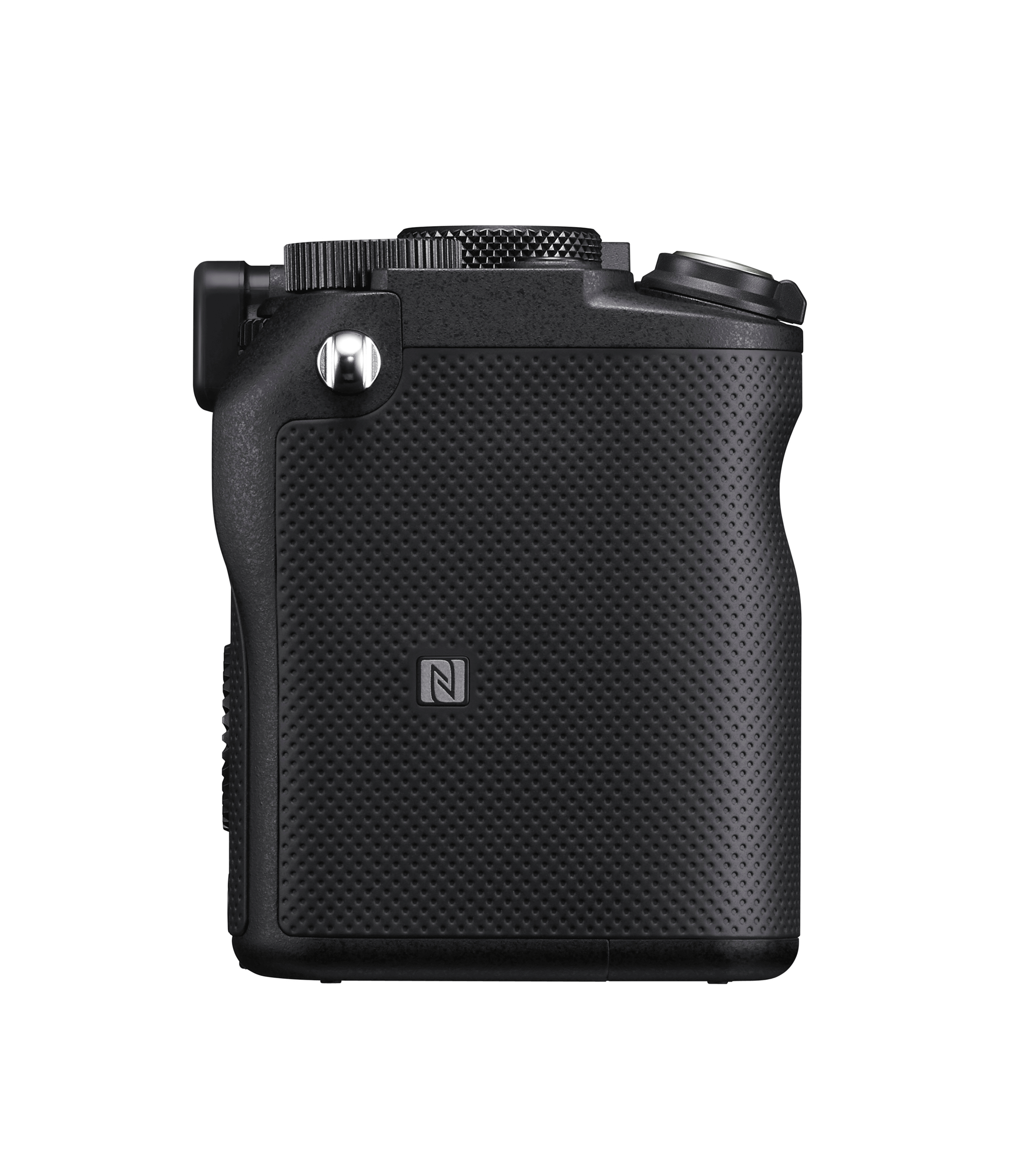 Een zwarte camera met een gestructureerde grip. Hij heeft een paar knoppen en een lens.