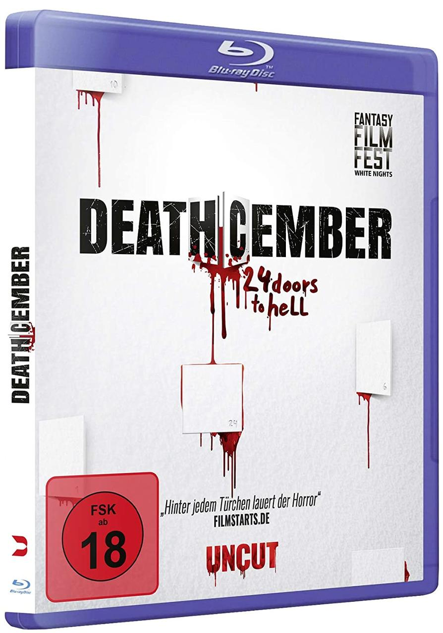 Eine blaue Blu-ray Disc Hülle mit dem Film 'Deathcember' und blutartigen Spritzern.