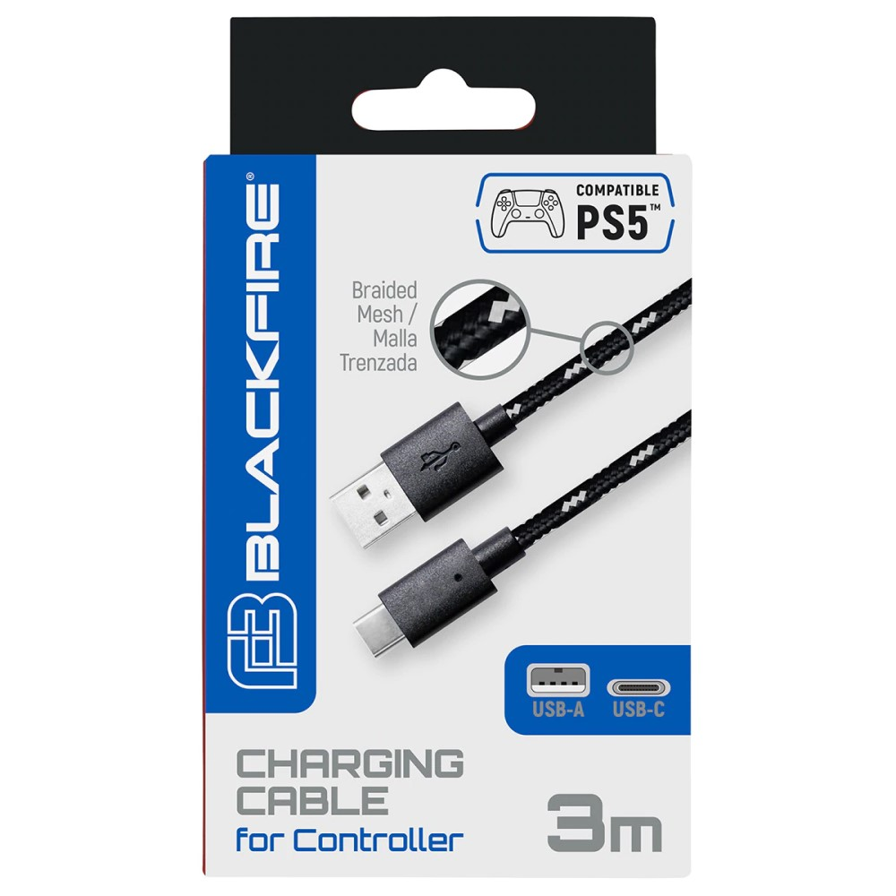 Cable de carga USB negro para mando. Está en una caja con el símbolo PS5.