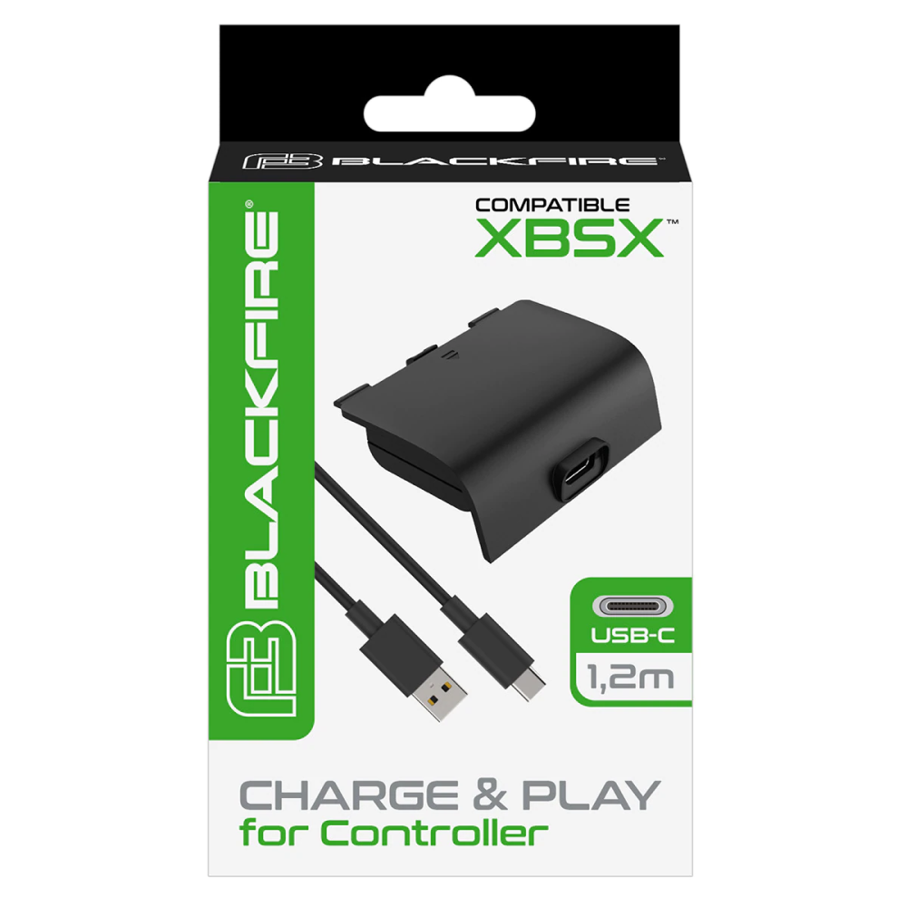 Caja de 'Carga y Juega para Controlador', con cable USB-C, color negro.