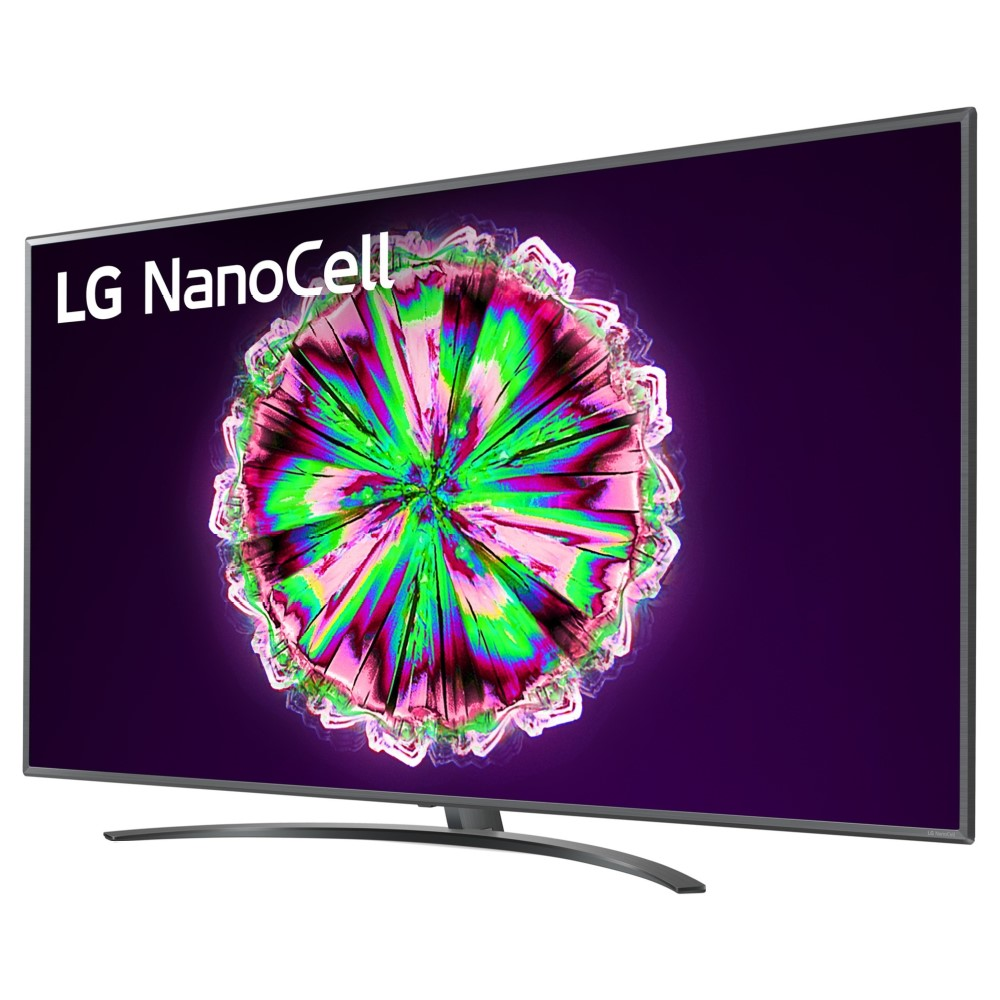 Televisor LG NanoCell, pantalla púrpura con diseño colorido.