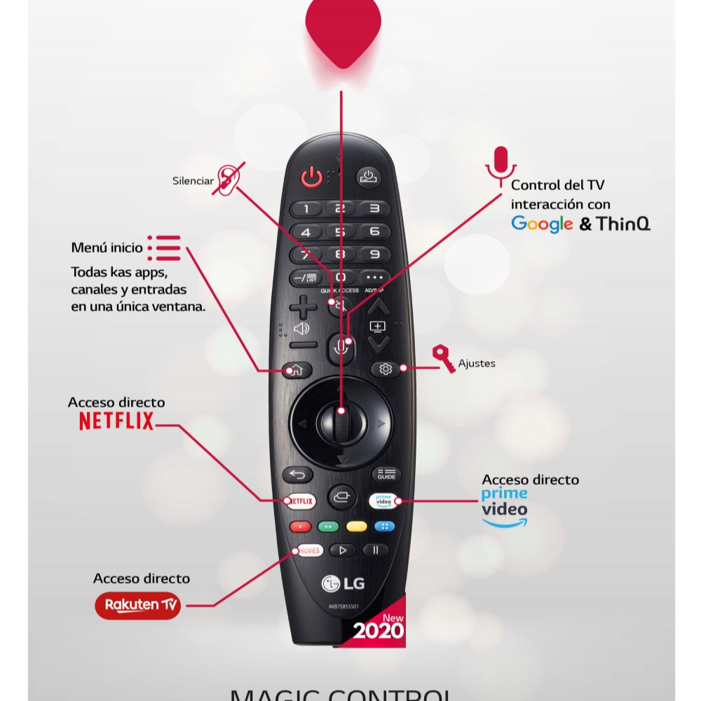 Mando a distancia mágico LG con botones y etiquetas como Netflix, Prime Video, Rakuten TV y Google.