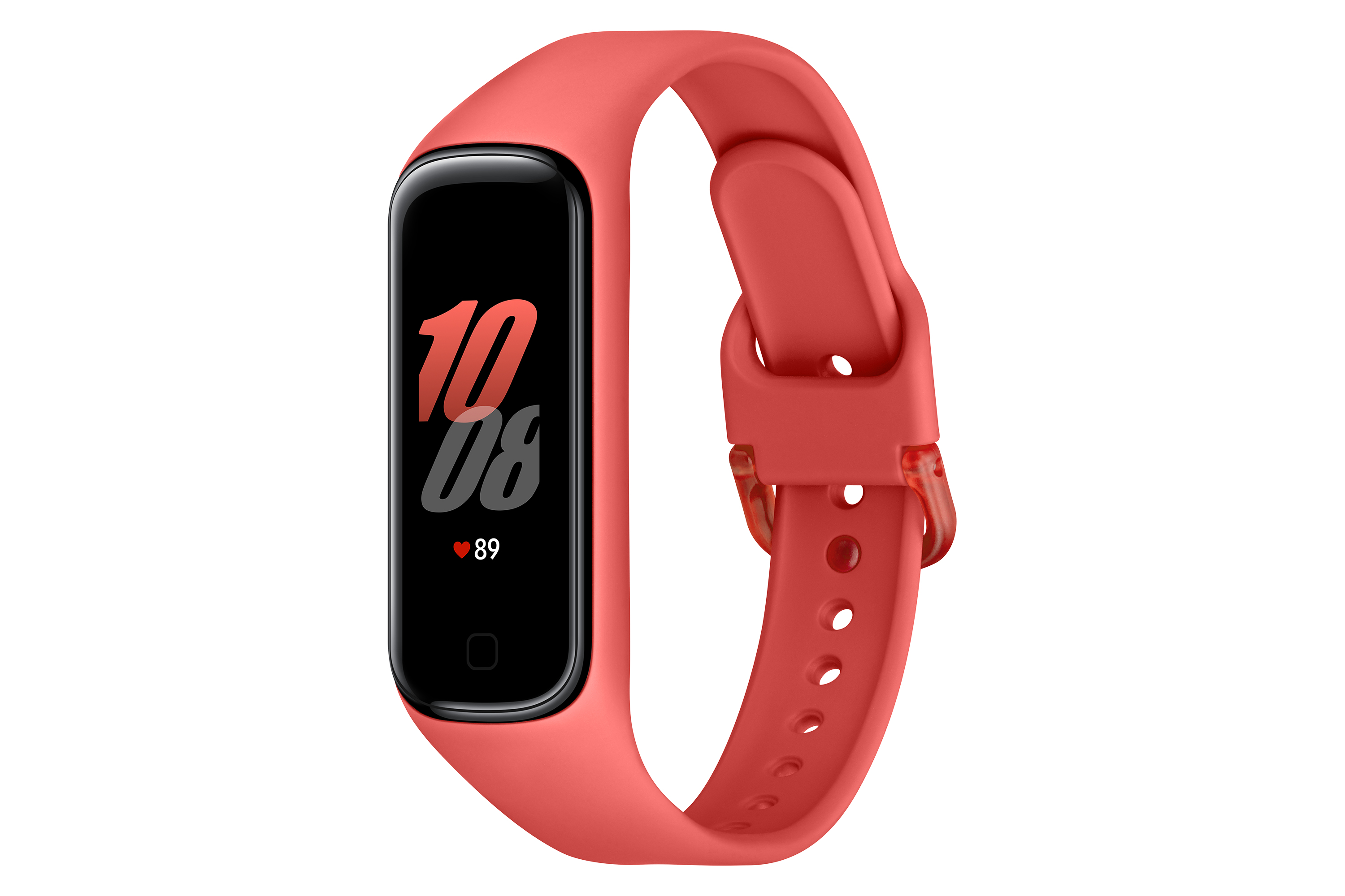 Un rastreador de fitness coral con pantalla negra que muestra la hora y la frecuencia cardíaca.