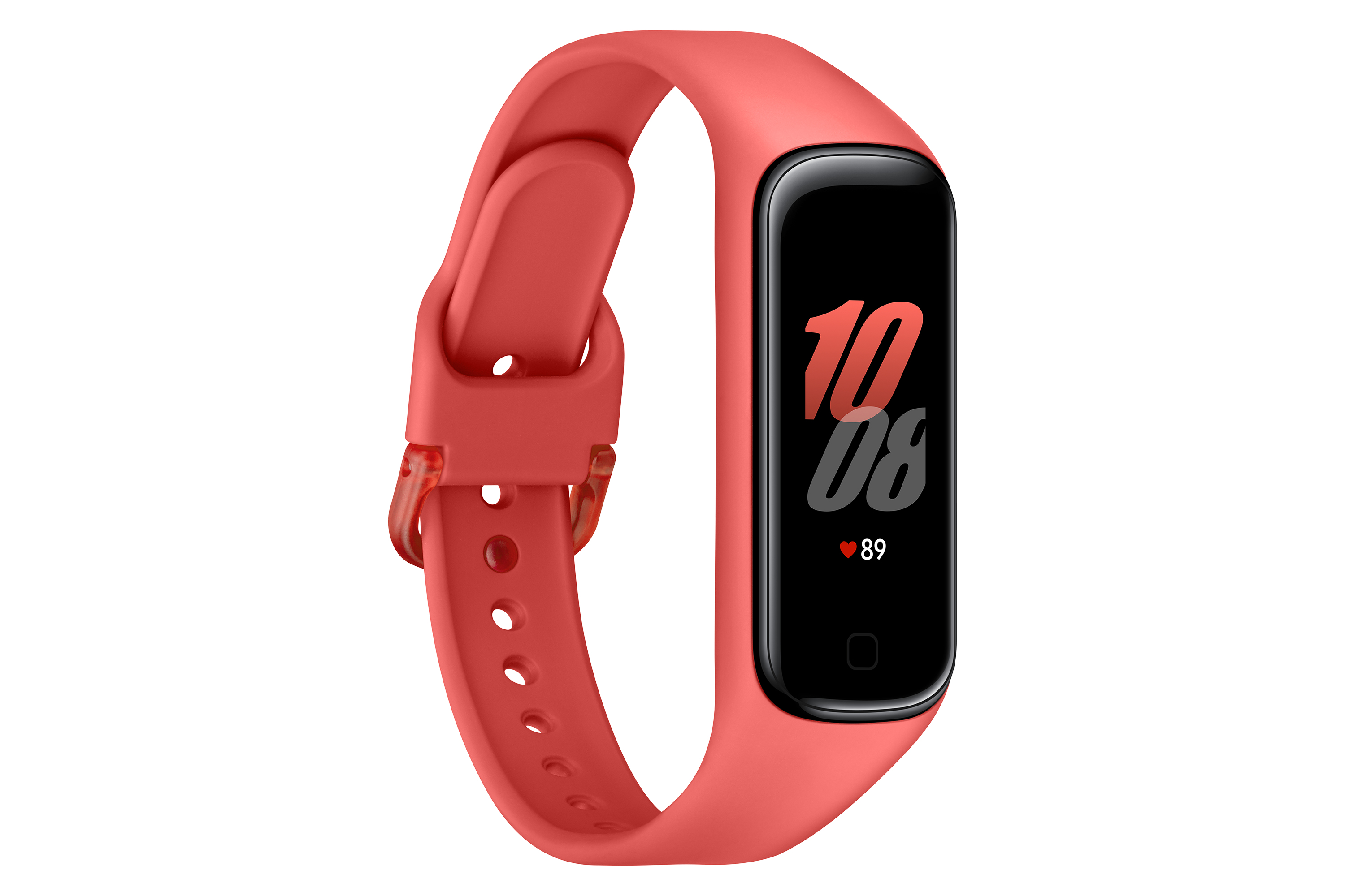 Un rastreador de fitness rojo muestra la hora y la frecuencia cardíaca.