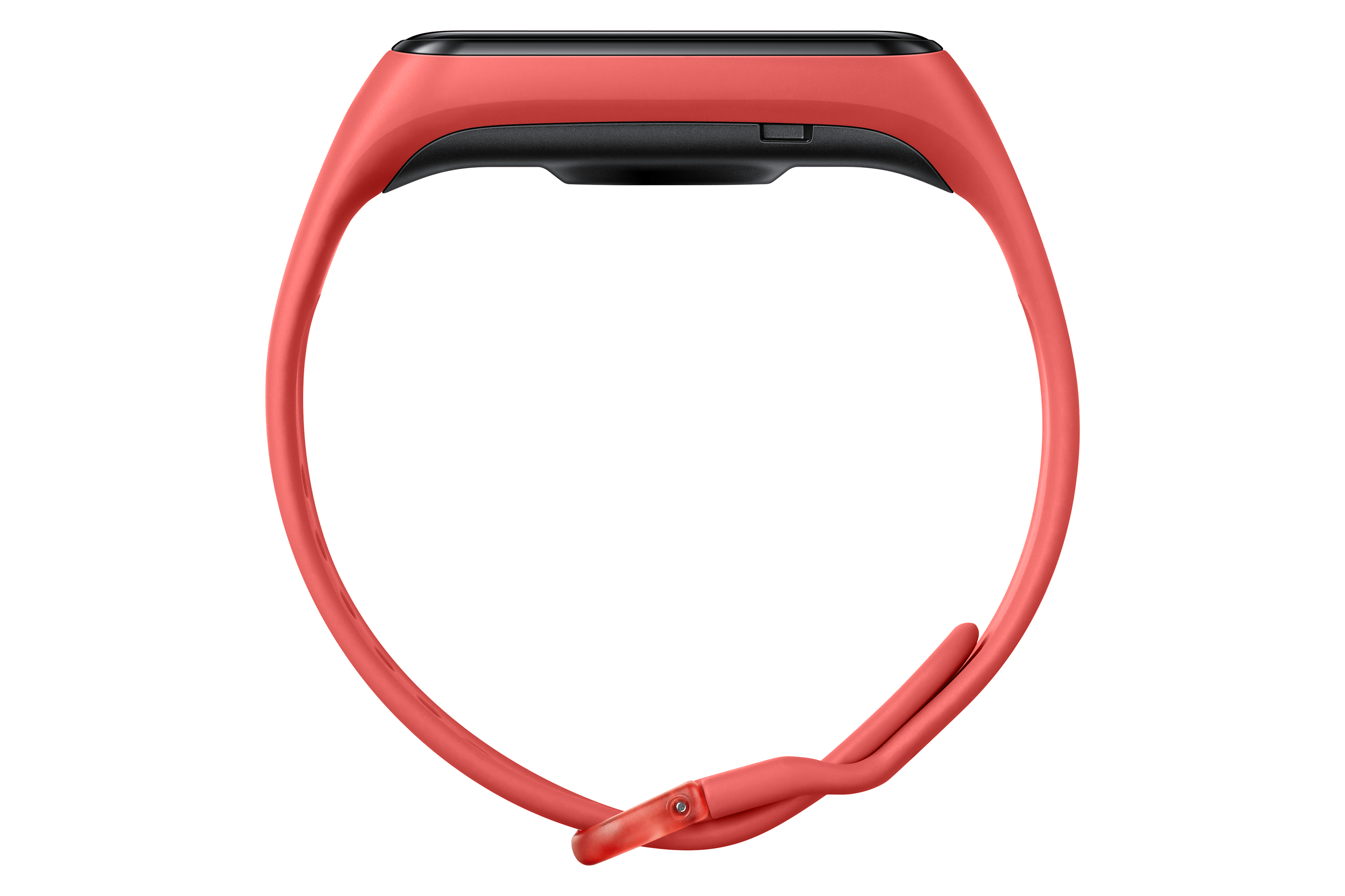 Rastreador de fitness rojo, una pulsera, mostrada sobre un fondo blanco.