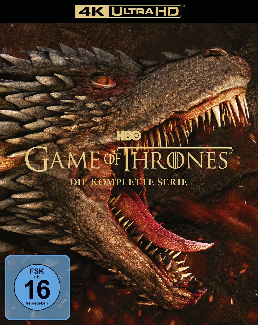 Drachenkopf von Game of Thrones DVD-Hülle, mit rotem Maul und scharfen Zähnen.