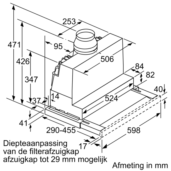 Technical drawing of a kitchen hood, with dimensions in millimeters, in Dutch.