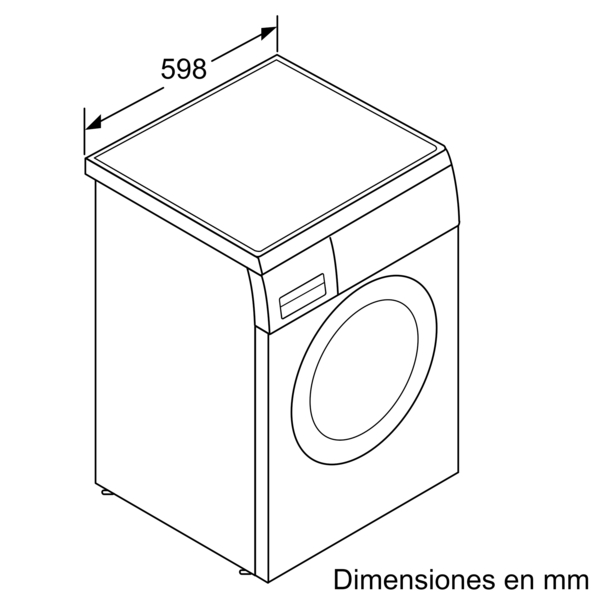 Un dibujo lineal de una lavadora con dimensiones en mm, sobre blanco.