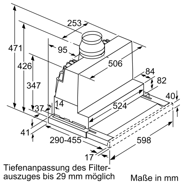 Technische Zeichnung mit Maßen einer Dunstabzugshaube.