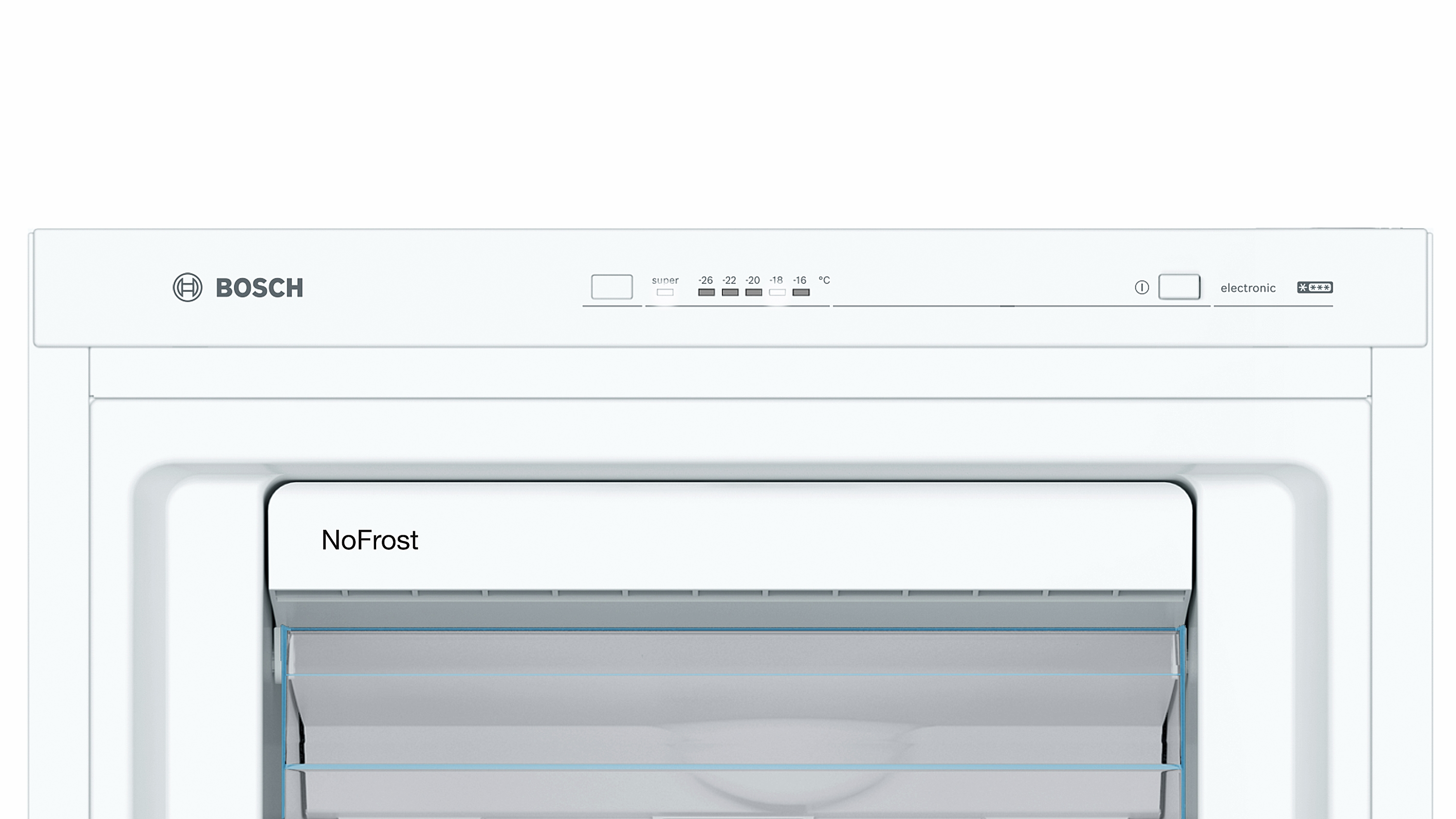 Ein weißer Bosch-Gefrierschrank mit geöffneter Vordertür, die Regale zeigt.