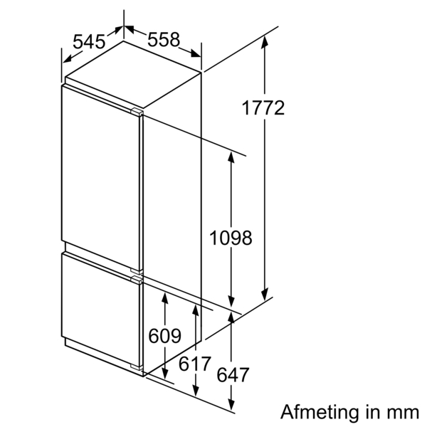 Diagram of a built-in refrigerator with dimensions in millimeters.