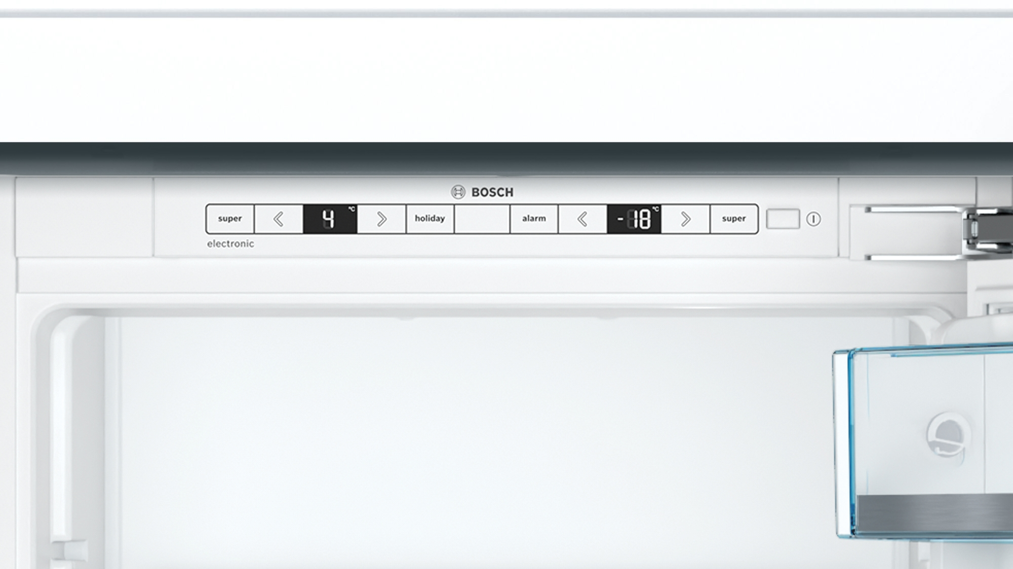 Close-up of a refrigerator's control panel. It displays temperature settings and a Bosch logo.