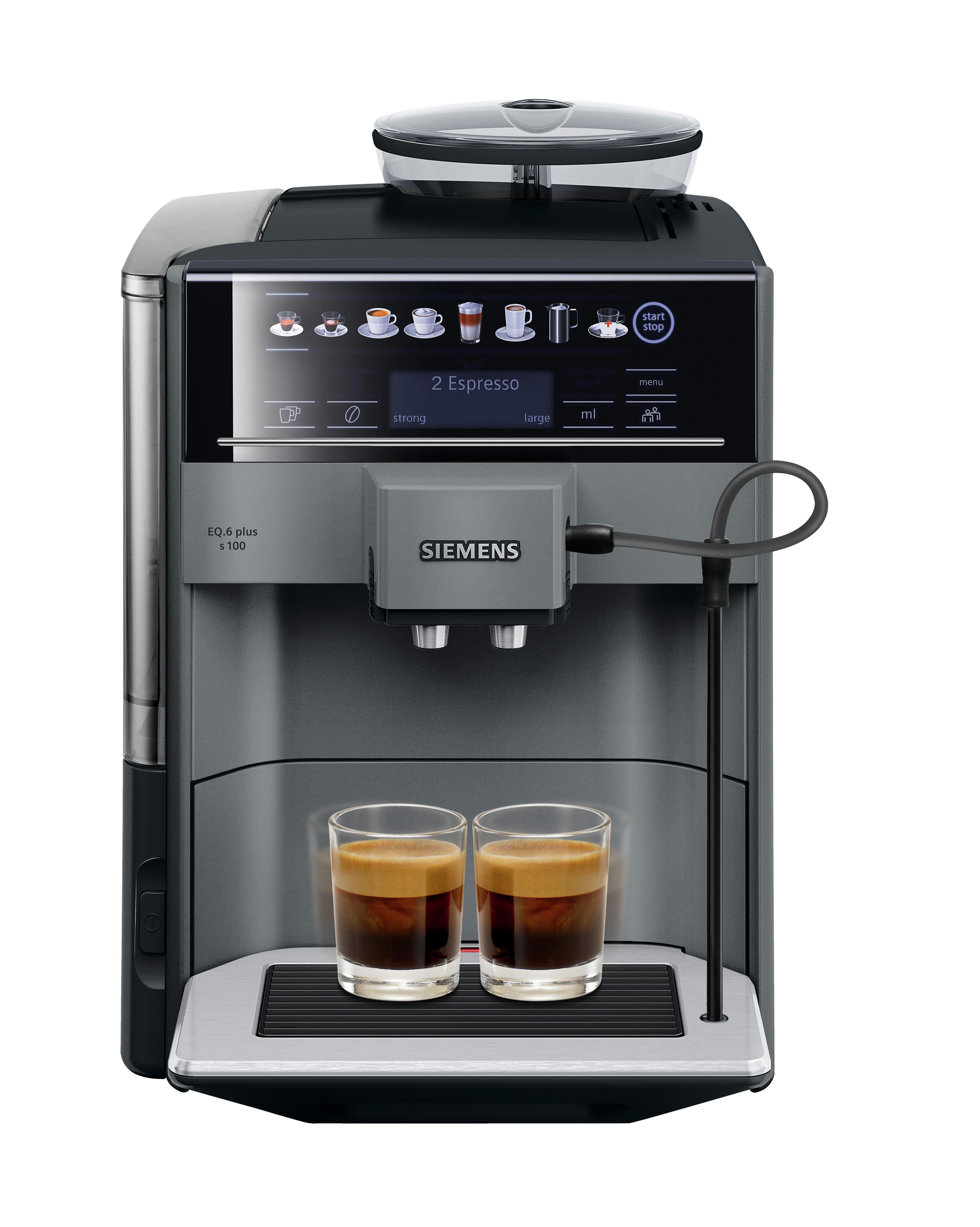 Een grijze en zwarte espressomachine met twee glazen koffie.