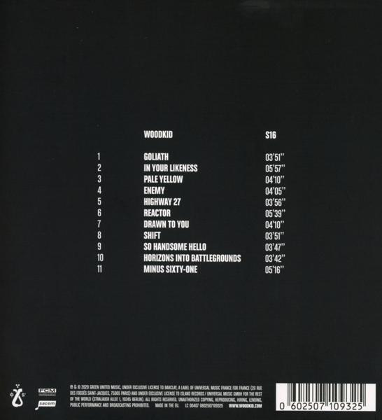 Dos d'un CD de musique avec liste des titres, fond noir, texte blanc.