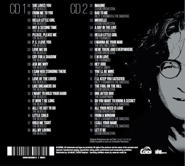 Albumcover mit Titellisten von The Beatles und John Lennon. Schwarzweißfoto von John Lennon.