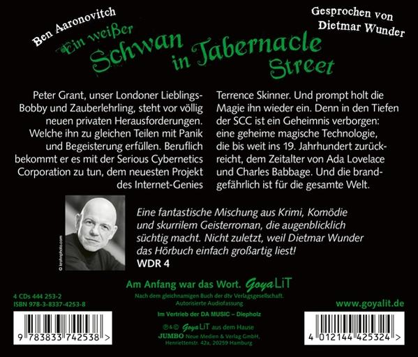 Buchcover mit deutschem Text und dem Titel 'Ein weißer Schwan in Tabernacle Street'.