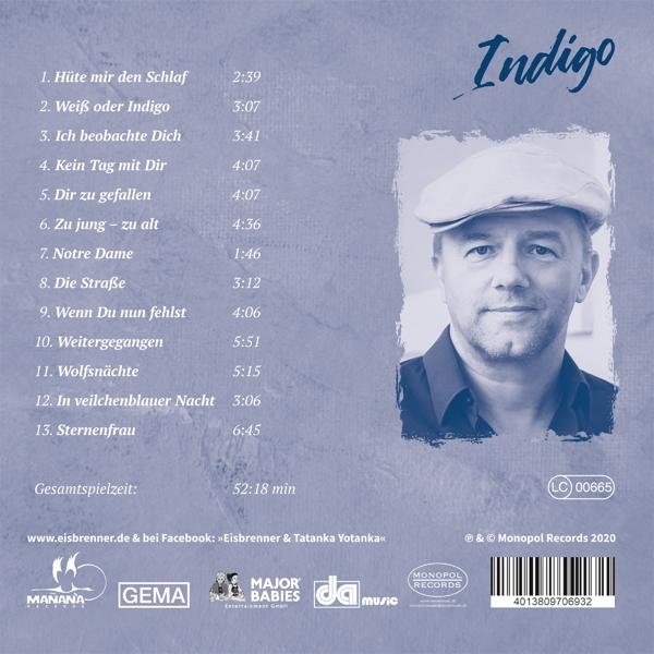 Ein CD-Cover mit einem Mann mit Hut und einer Titelliste. Der Titel ist 'Indigo' von Eisbrenner.