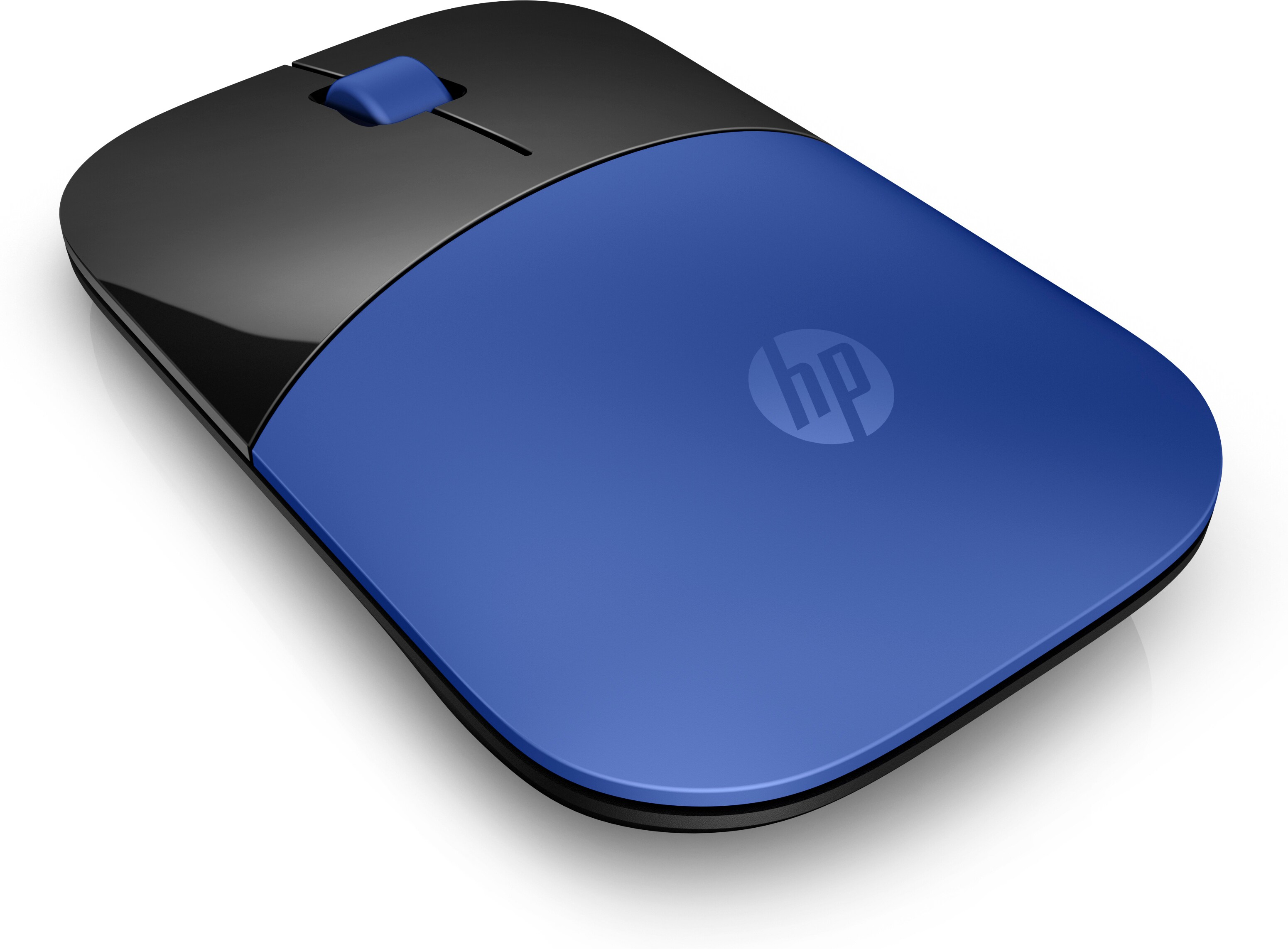 Un ratón de computadora HP azul y negro con rueda de desplazamiento y logo HP.
